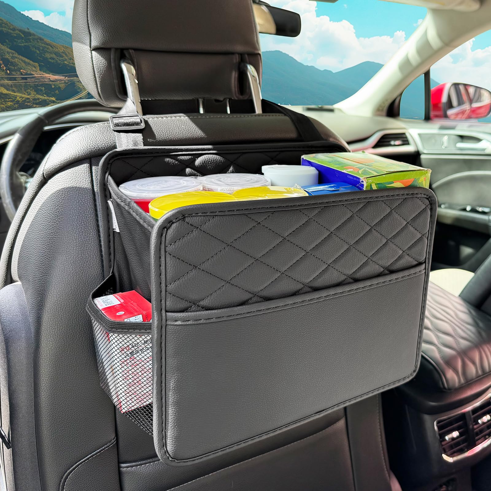 Witaxima Upgraded Extra Large Car Seat Organizer Backseat with 3 Storage Pockets, Multipurpose Car Organizer Hanging Car Trash Bag Can Premium PU Leather Garbage Can 3 Gallon Large Capacity, Black.