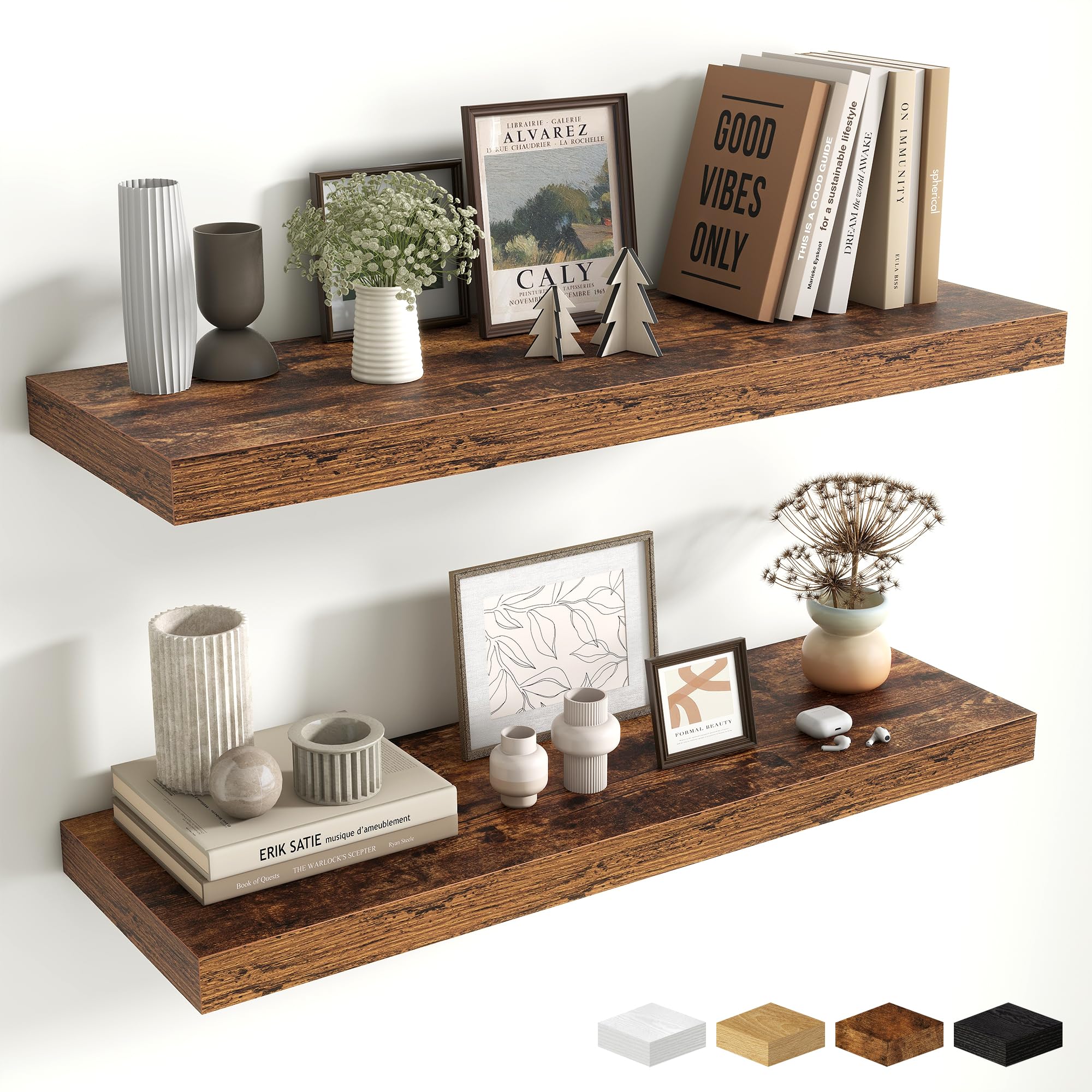 Fun Memories Floating Shelves for Wall, 32 Inch Long Floating Shelves Set of 2, 32 x 10 Wooden Shelvs for Wall, Large Storage Shelves, Hanging Shelves for Bathroom Kitchen Bedroom, Rustic Brown โ image 1
