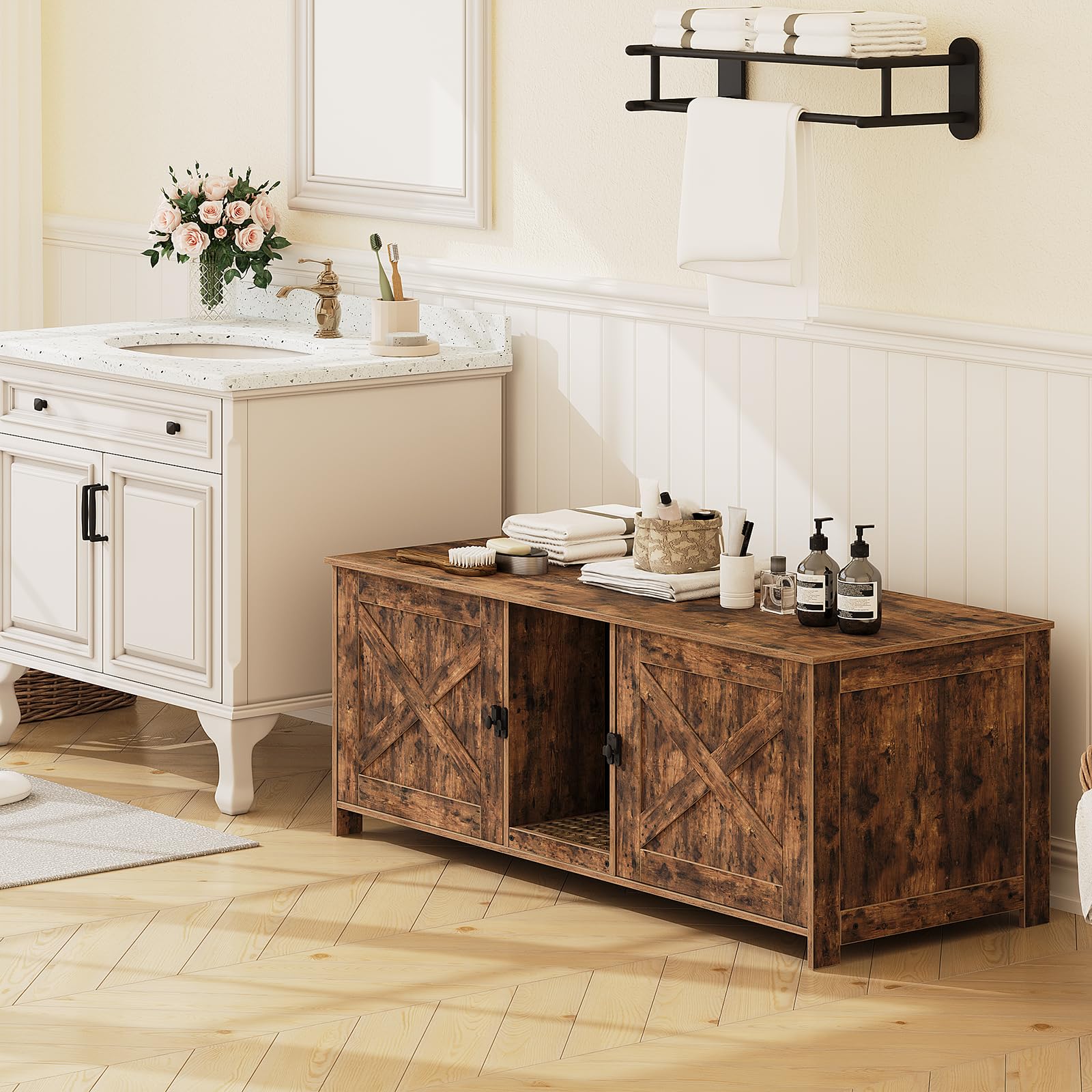 Cat Litter Box Enclosure for 2 Cats, 47.2" Hidden Litter Box Furniture with Double Room, Wooden Cat Washroom with Scratching Board, Indoor Cats House End Table, Rustic Brown CWHR1201