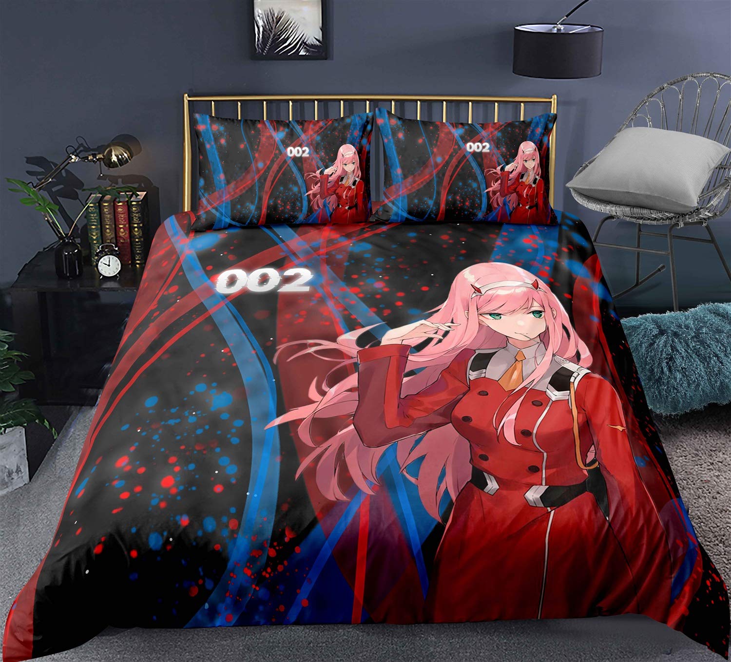 Chzhcc Three-Piece Quilt Cover for Darling in The FRANXX Zero Two 02 Series 17, 3D Anime Quilt Pillowcase, 100% Polyester, Soft and Comfortable, Bedding for Otaku and Anime Fans, Best Birthday Gift