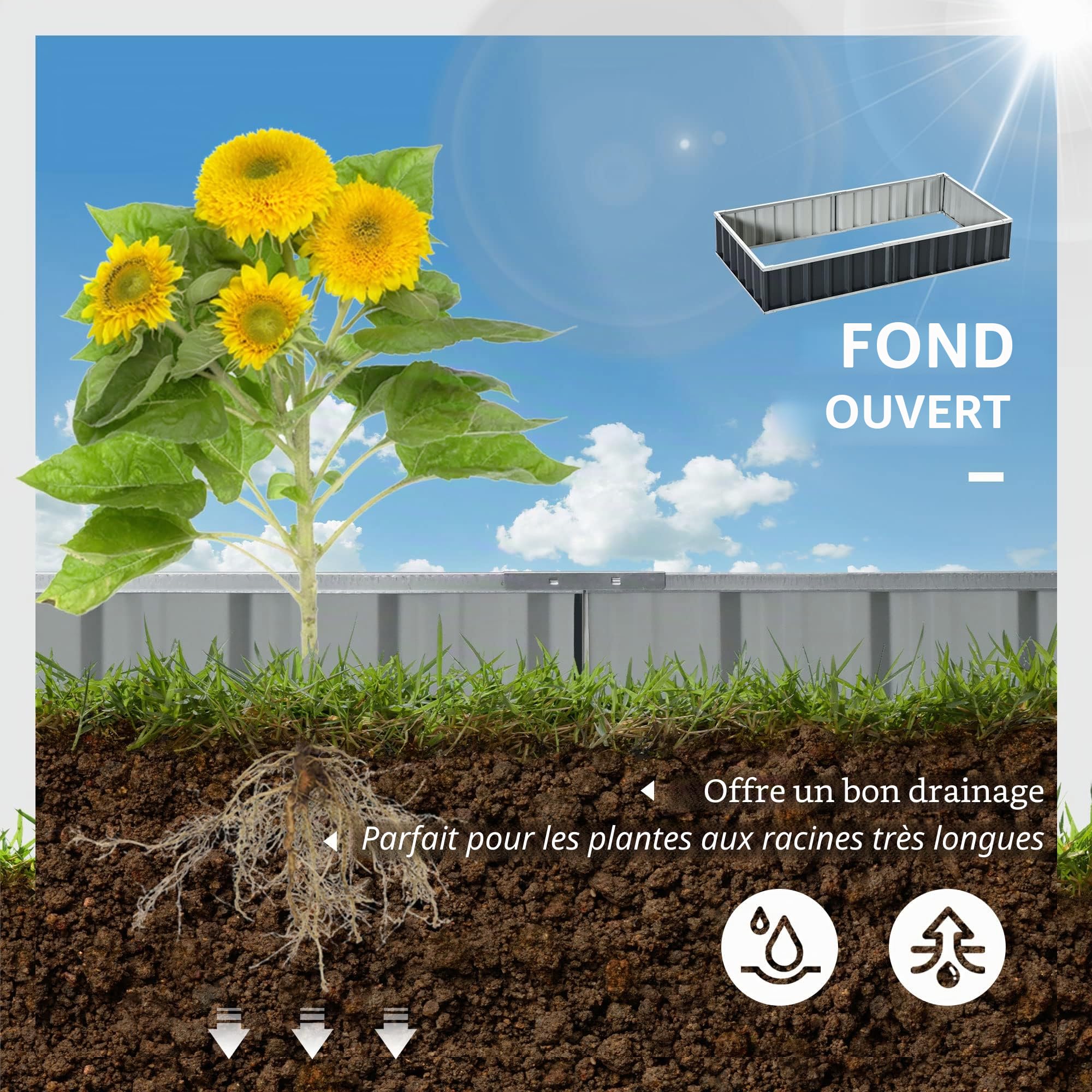 Outsunny Carré Potager de Jardin Modulable 174 x 90 x 30 cm Anthracite | Montage sans Outils, Gants Fournis, Tôle d'Acier Ondulée