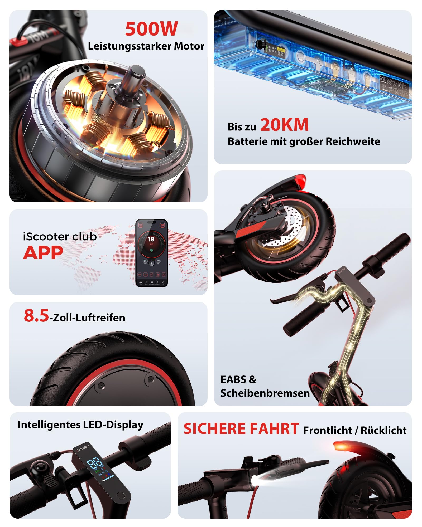 E Scooter mit Straßenzulassung 500W Motor Max 20 km Reichweite 20 km/h, ABE Faltbarer E Roller mit 8.5 Zoll Luftreifen, Leicht Tragbar Elektroroller für Erwachsene und Jugendliche
