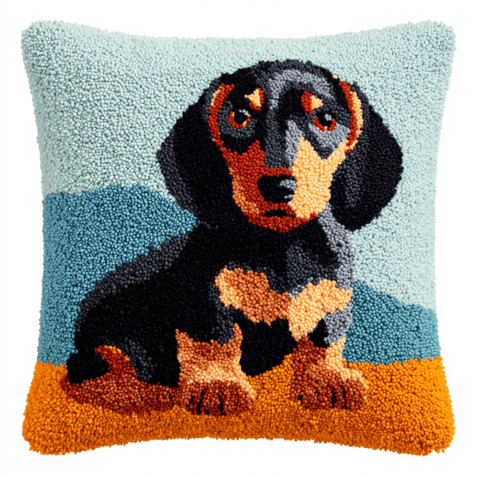 XDEGHUANGSS DIY Latch Hook Cushion Kit - Animal Dachshund Pattern Pillow Cover for Beginners,Handmade Yarn Latch Hook Pillowcase Sofa Cushion Material Pack,Home Decor Gift Set,43x43 cm