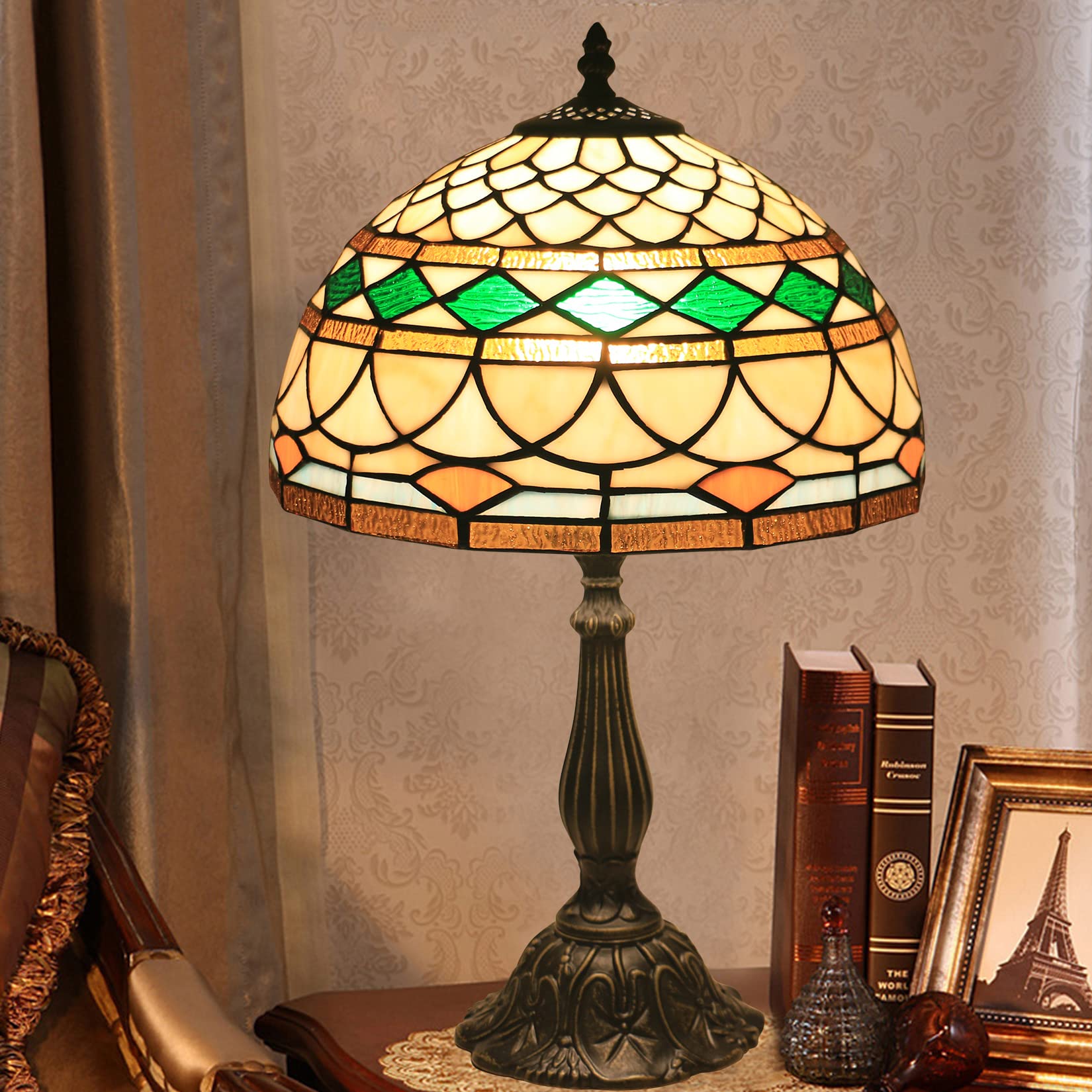 Lampada da 30,5 cm, Caldo Beige Giallo acquarello in Vetro colorato con Perline di Oro, Paralume, Lampada da Tavolo, Camera da Letto, Comodino, Soggiorno, Lampada da Comodino Victoria di Lusso, Base