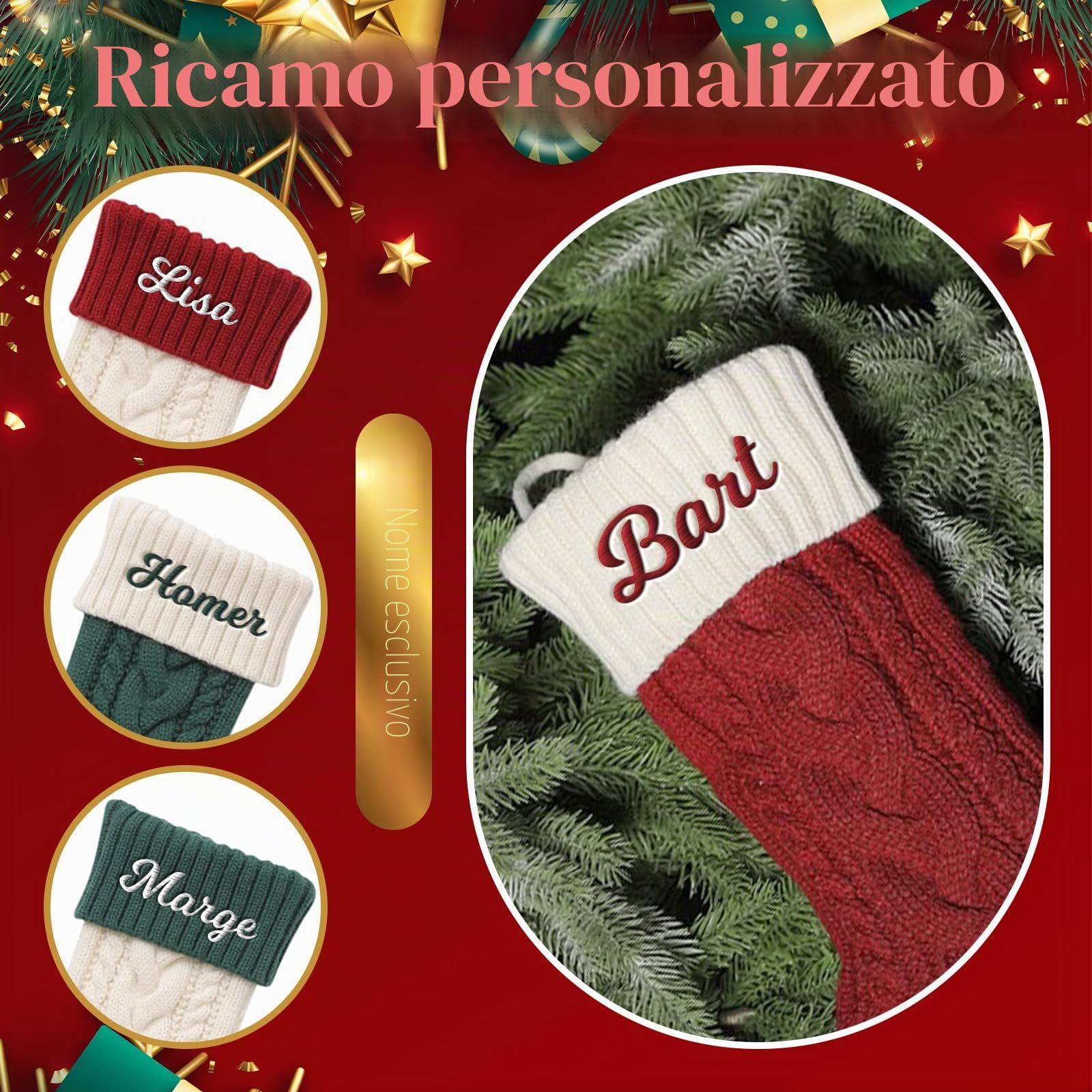 NIBESSER Calza Befana Personalizzata Calze Natalizie da Appendere con Nome Calza Befana Vuota Idea Regalo per Epifania Natale Decoraizione Natalizia per Camino (Stile A, 3 Pezzi)
