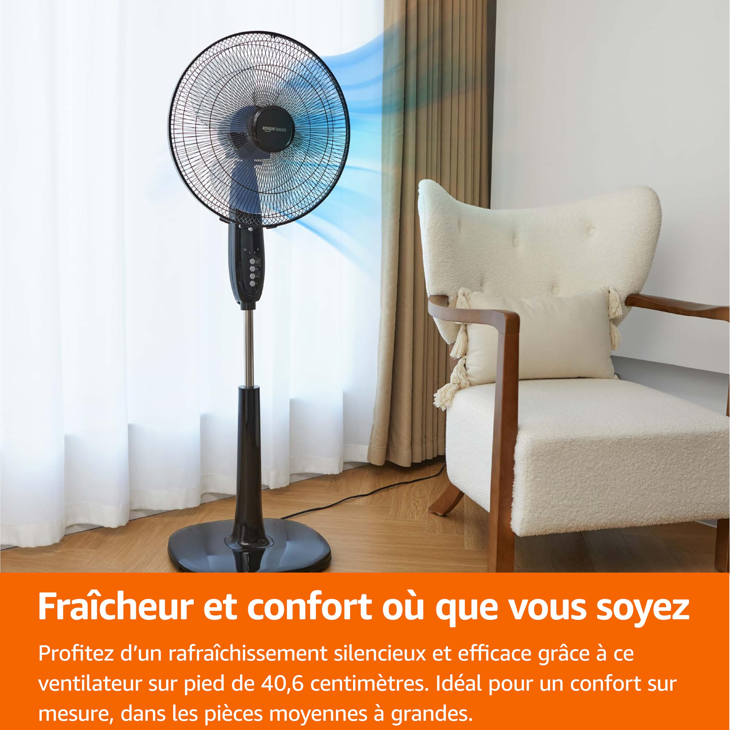 Amazon Basics Ventilateur sur Pied 40 cm avec Télécommande, pour Chambre, Salon, Bureau, 3 Vitesses, 3 Modes, Minuterie, Pales Double Couche, Hauteur Réglable, Tête Inclinable, 60W, Noir