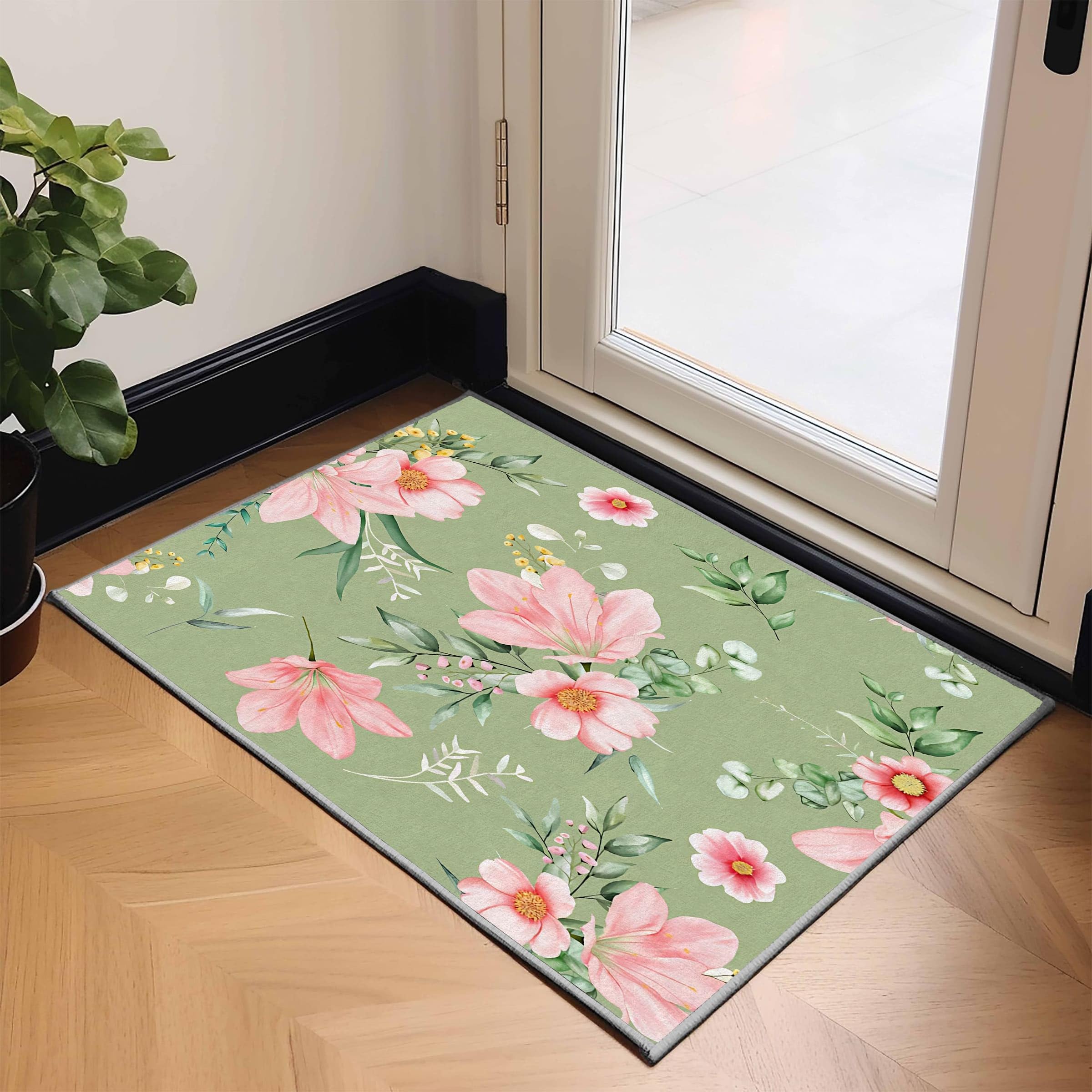 Amazon | ピンクの花 ラグマット 120x160 緑の植物柄 カーペット 洗濯