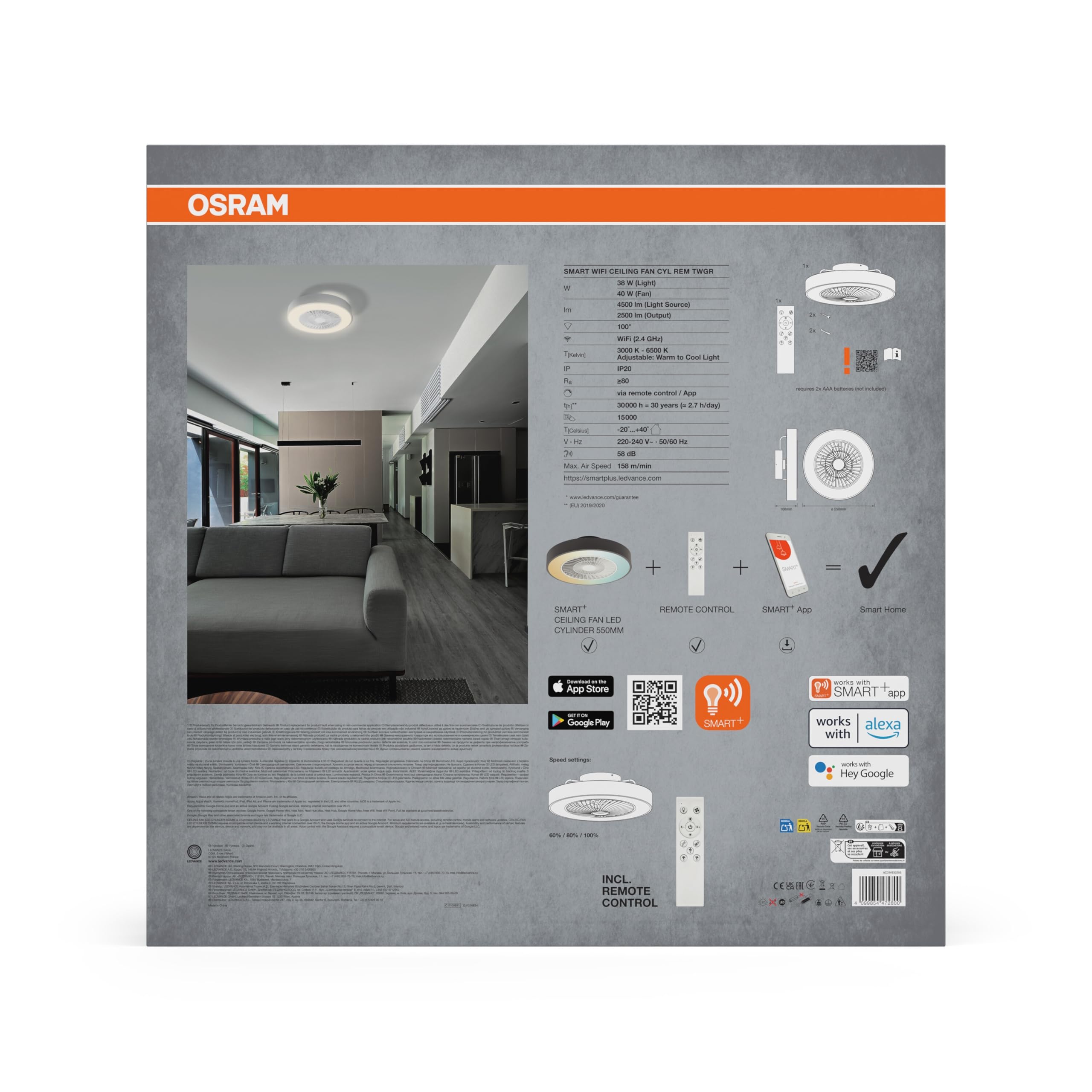 Osram SMART+ WiFi Ventilator mit LED Lampe Grau | SMART+ Wifi Ceiling Fan LED, Acrylnitril-Butadien-Styrol-Copolymer (ABS), Grau, 30000 h, 1-Pack