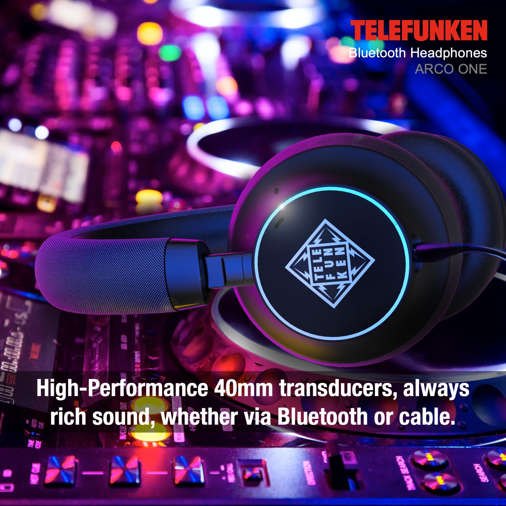 TELEFUNKEN ARCO ONE - Cuffie Bluetooth Over-Ear ANC, multipoint, batteria 30 h (22 h ANC), driver 40 mm, 32 Ω, AUX/3,5 mm e USB-C, IPX3, 220 g, imbottitura intercambiabile