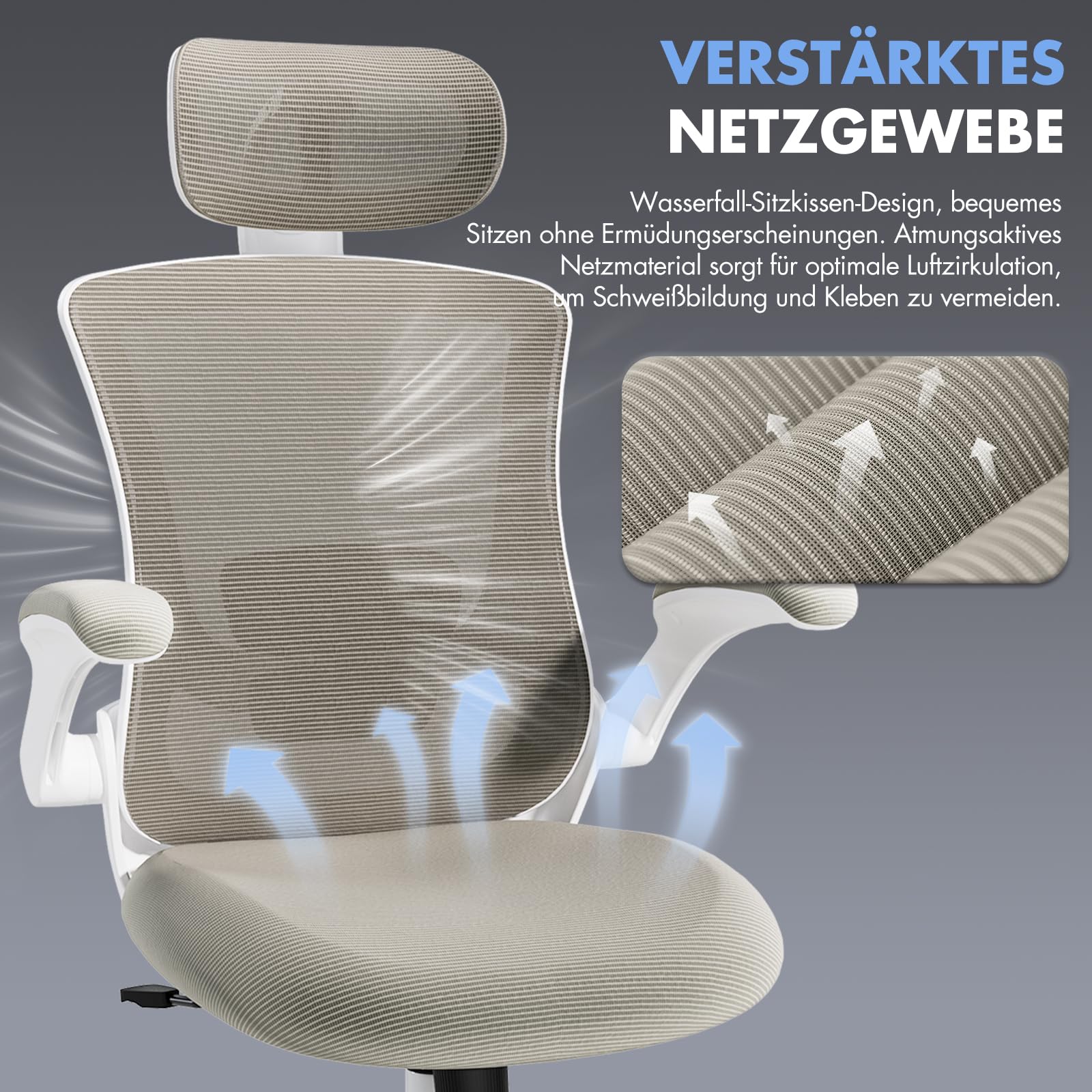 COLAMY Bürostuhl Mesh Computer Stuhl mit Verstellbarer Kopfstütze und Lendenwirbelstütze, Schreibtisch Ergonomischer Arbeitsstuhl mit hochklappbarer Armlehne, 140° Wippfunktion, Khaki