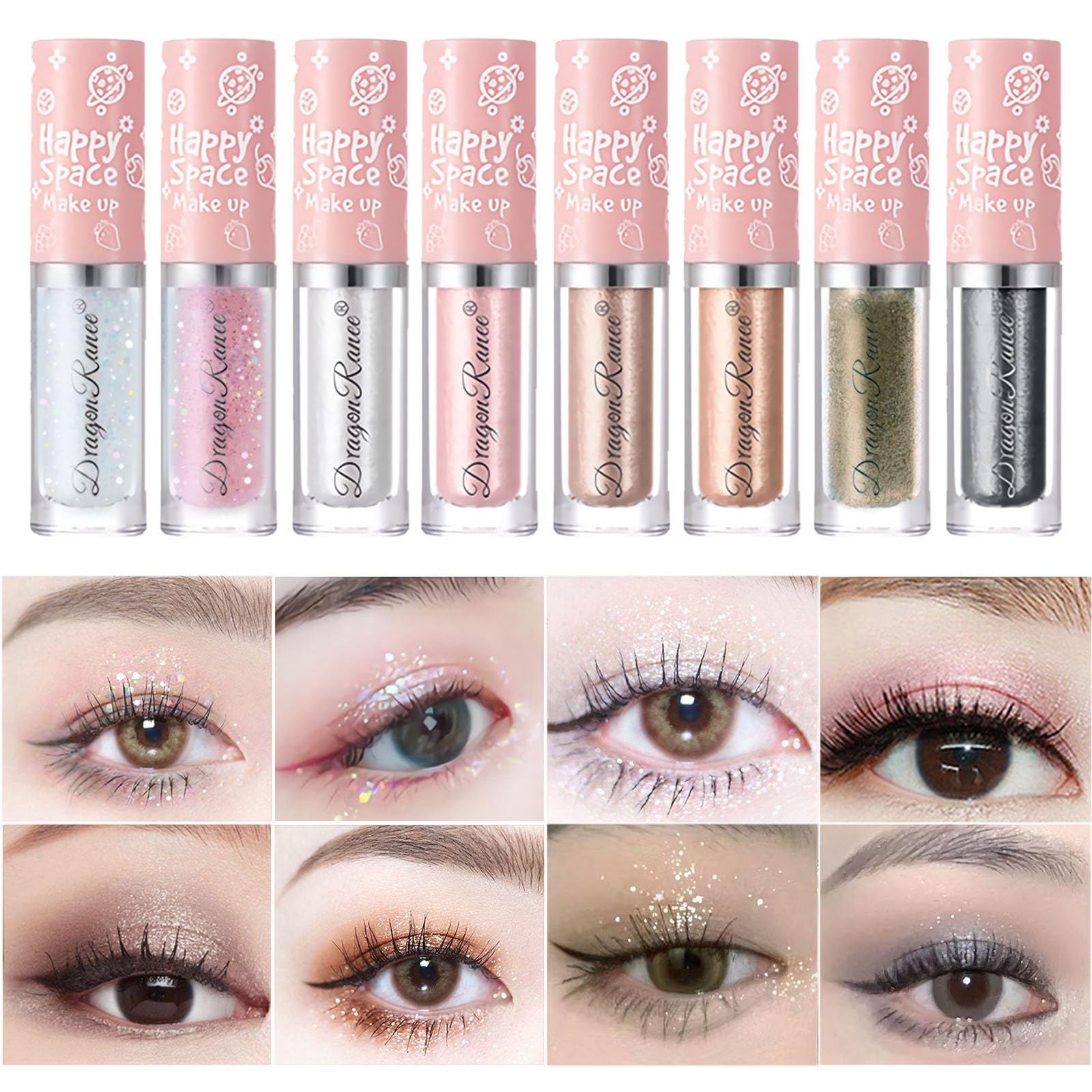 SUMEITANG8Pcs Liquid Glitter Eyeshadow, Bling Under Eye Shadow, Quick-Drying Liquid Sparkling Eyeshadow Eyeliner Eyelid Make Up Set, Highlight Shimmer Loose Glitter Glue for Sparkly Eye Makeup