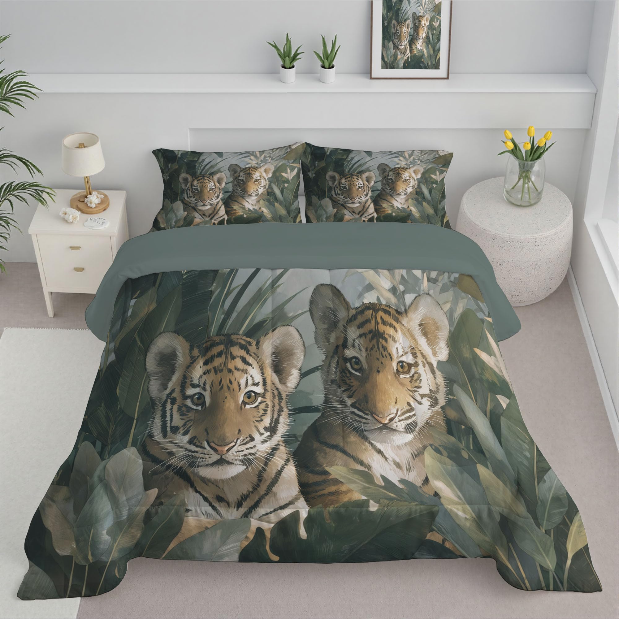 Trapunta Letto Singolo 4 Stagioni Piumone per Bambini, Semplicità Tigre Leggero Astratto Foglia Di Banana Set di Biancheria da Letto 140x200cm con 1 Federe,Piumino Lavabile In Lavatrice