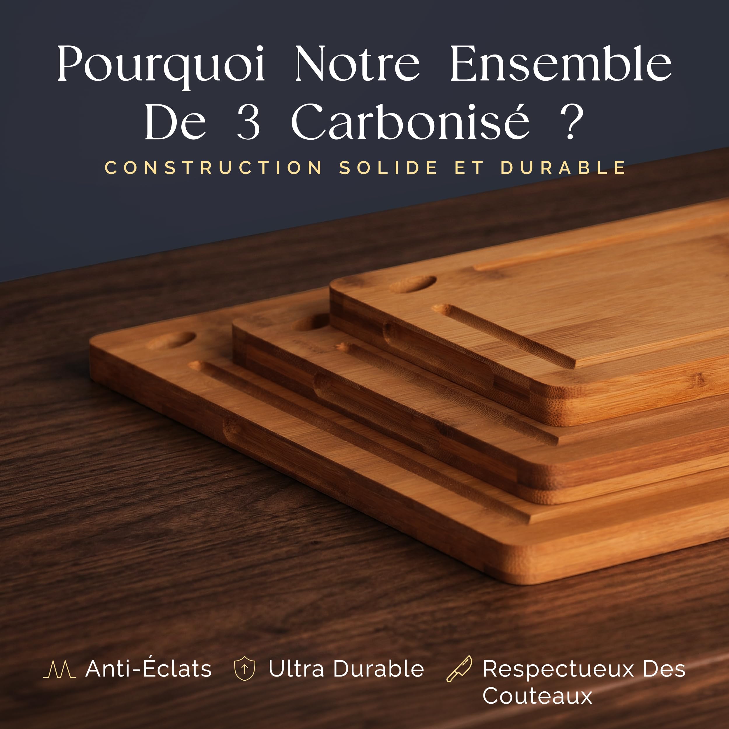 Deer & Oak Lot de 3 Planches à Découper Bambou Carbonisé Pré-huilées | Trou de suspension · Technologie 260 °C · Aussi pour le service de charcuterie
