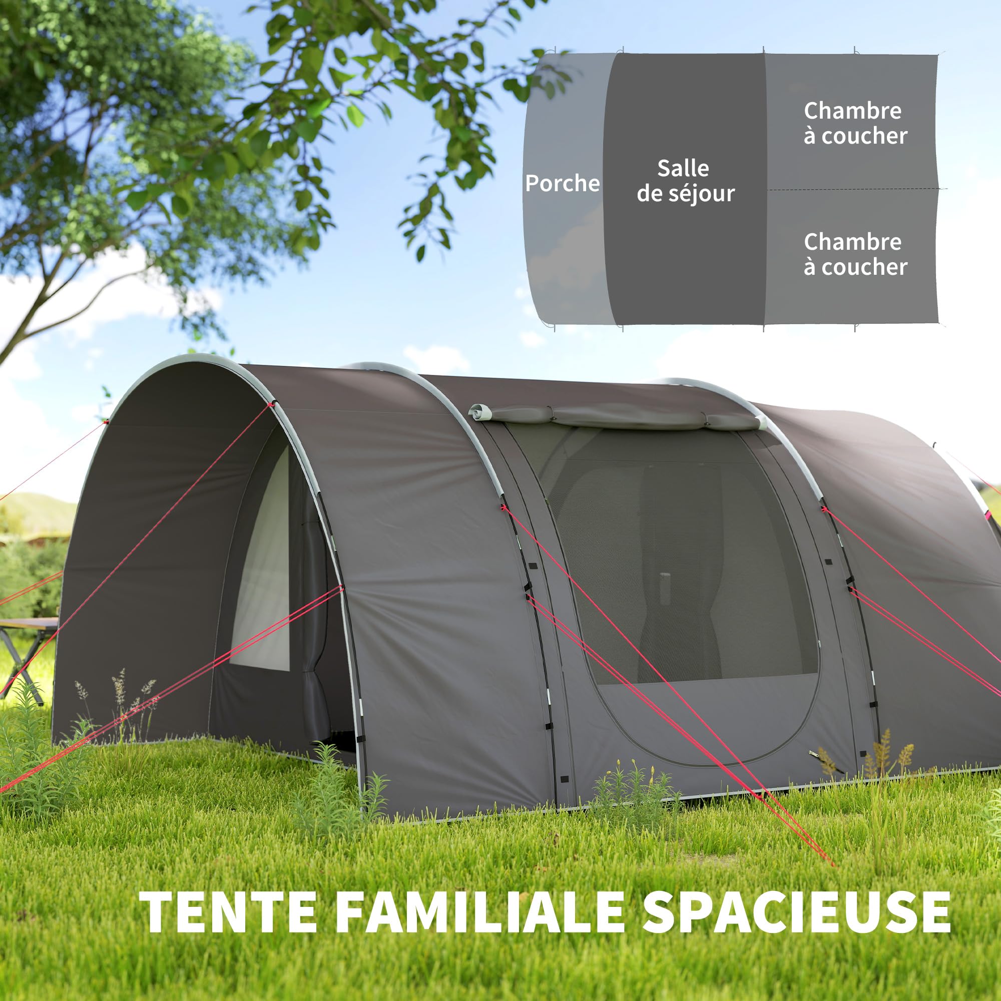 Outsunny Tente de Camping avec Porche pour 4 à 6 Personnes, Tente Tunnel familiale légère ventilée étanche 5 000 mm Montage Facile, Sac de Transport et Tapis Inclus, pour randonnée Trekking, Gris