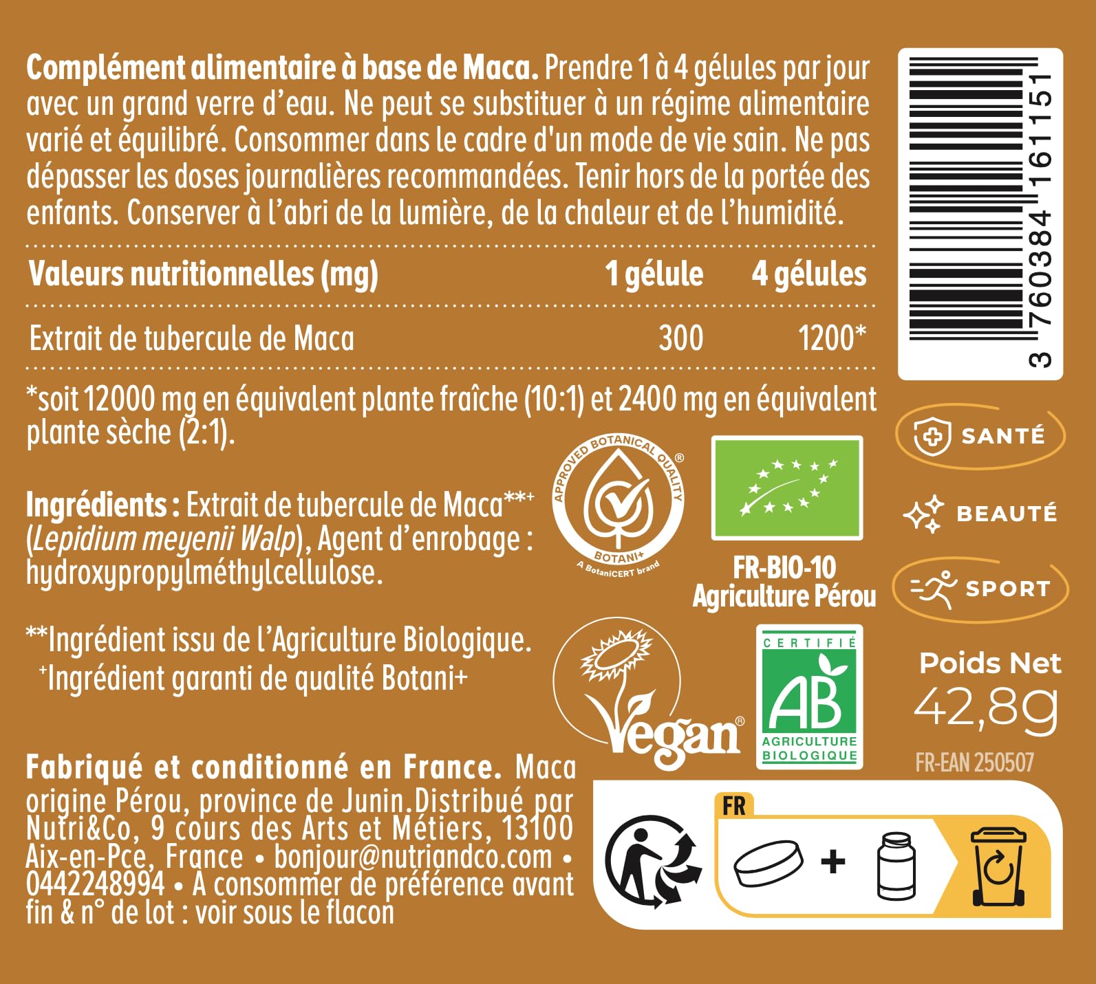 NUTRI & CO Maca Noire BIO du Pérou Hautement Dosé 10:1 – Extrait naturel 100 % Pur Labellisé Botani+ – Force, Énergie, Équilibre Hormonal – 120 Gélules Vegan – Fabriqué en France