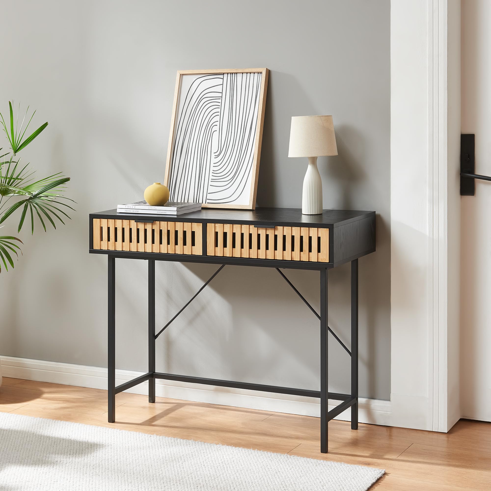 [en.casa] Consola Luniehti con 2 Cajones Uso Versátil Mueble Recibidor Mesa de Entrada Diseño Atractivo Estructura Robusta Estable Bambú MDF Metal 100 x 40 x 75 cm - Negro Natural