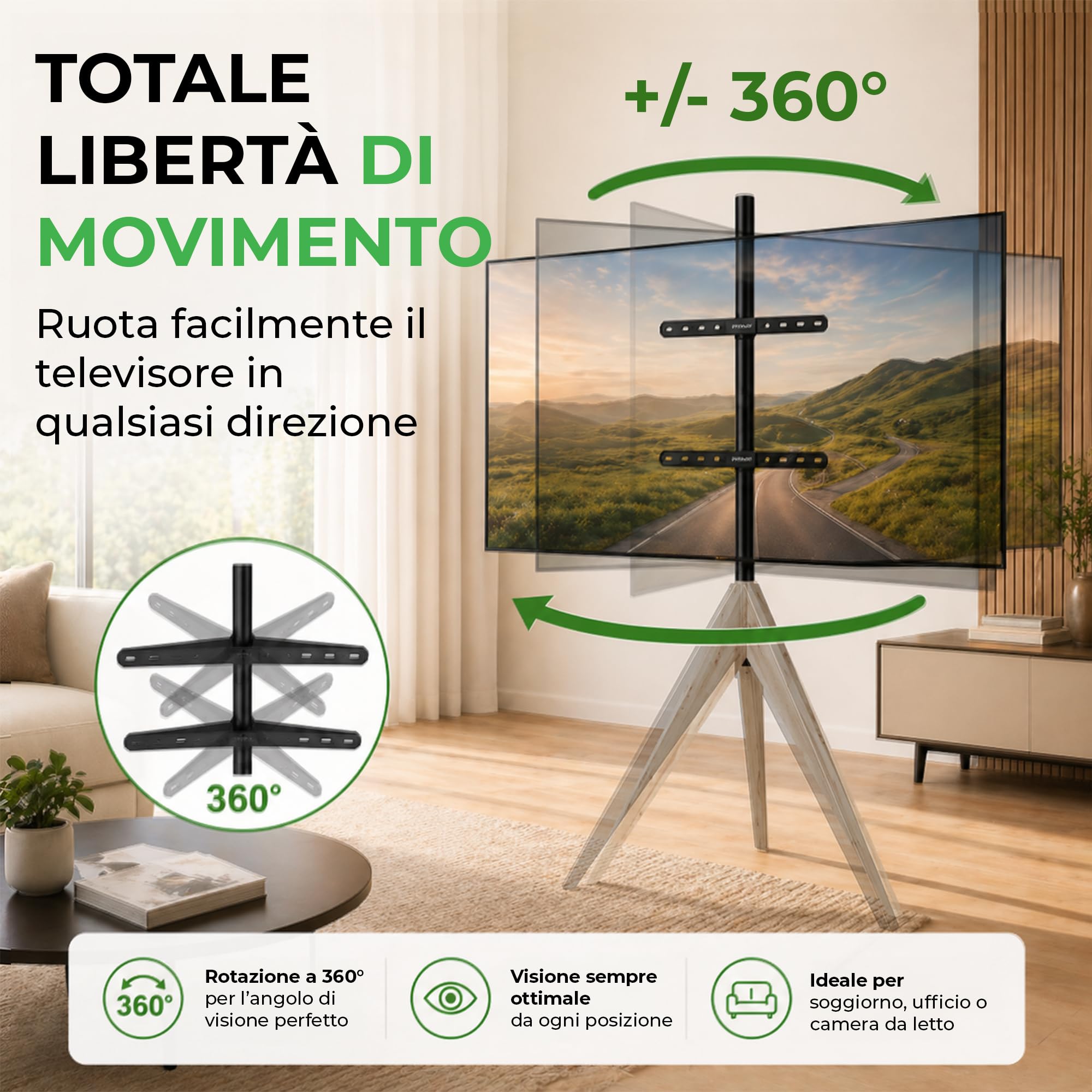 Argo - Supporto per TV Tripod, altezza fino a 140 cm, girevole a 360 gradi, per TV da 32 a 65 pollici, fino a 40 kg, max. VESA 400 x 400 mm, base TV in rovere invecchiato