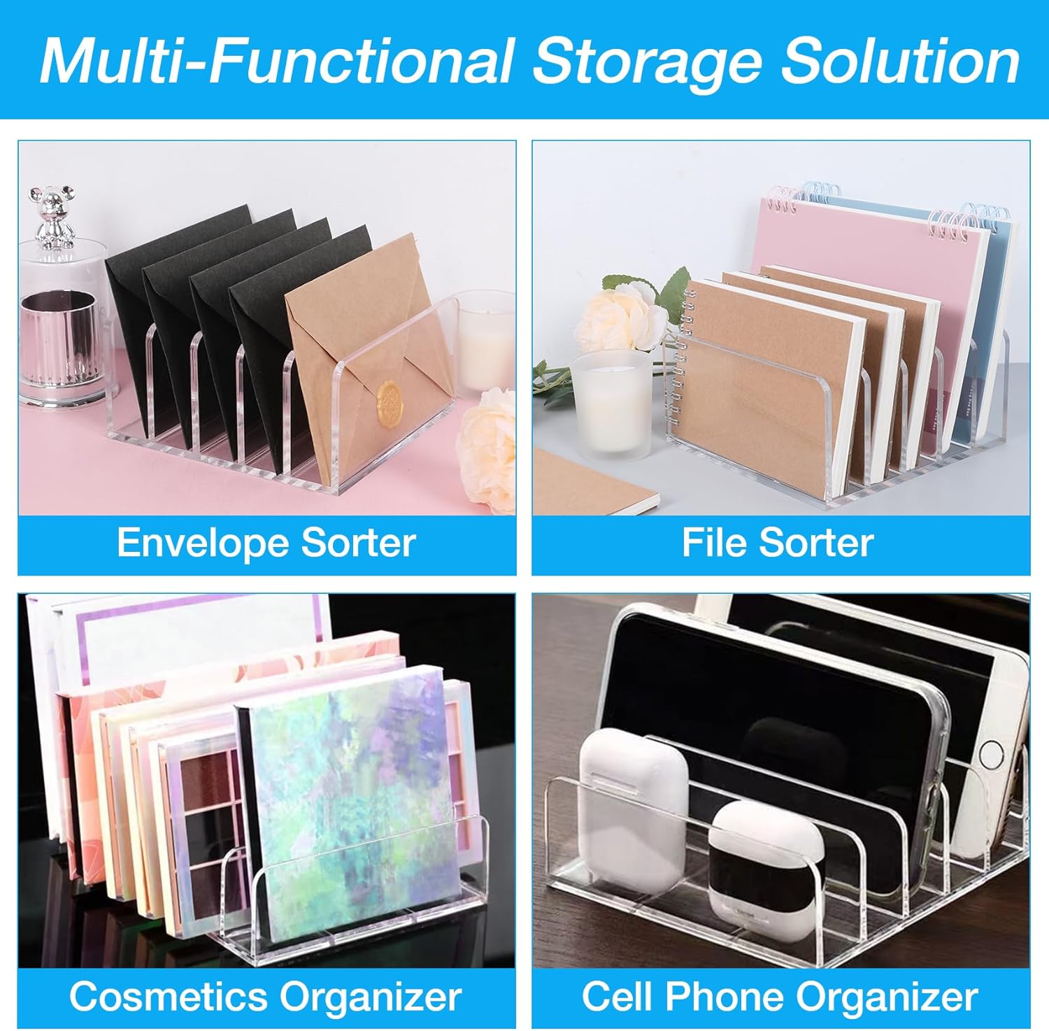 Acrylic Mail Organizer File Holder for Desk 2 PCS, 5 Compartments Clear Desktop Vertical Letter Sorter for Envelopes, Bill, Document, Notebook,Countertop Folder for Office, Home & School