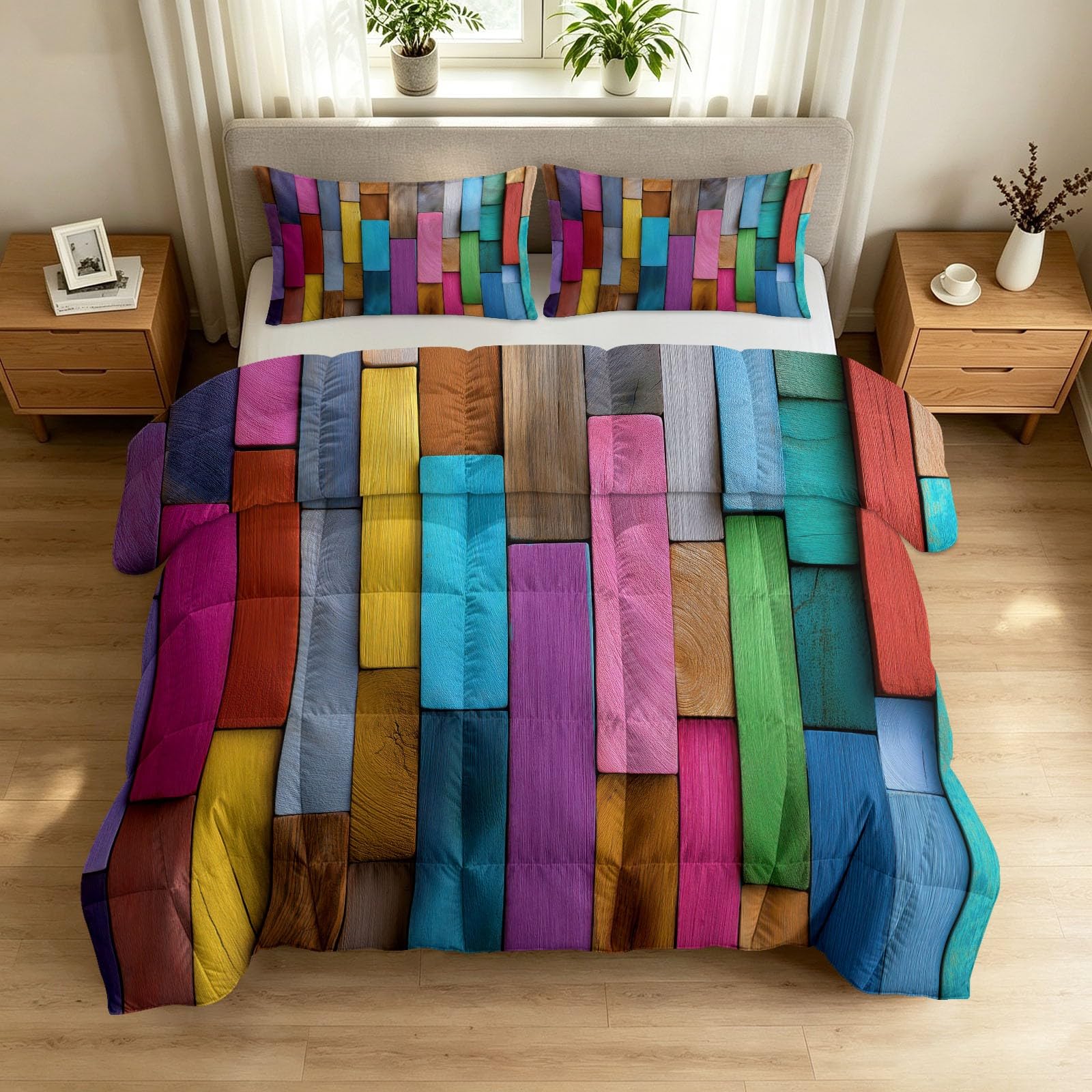 Trapunta 4 stagioni, 135 x 200 cm, texture con assi di legno, calda e delicata sulla pelle, per tutto l'anno, 135 x 200 cm, stile industriale vintage, senza rivestimento, lavabile, con 2 federe da 80