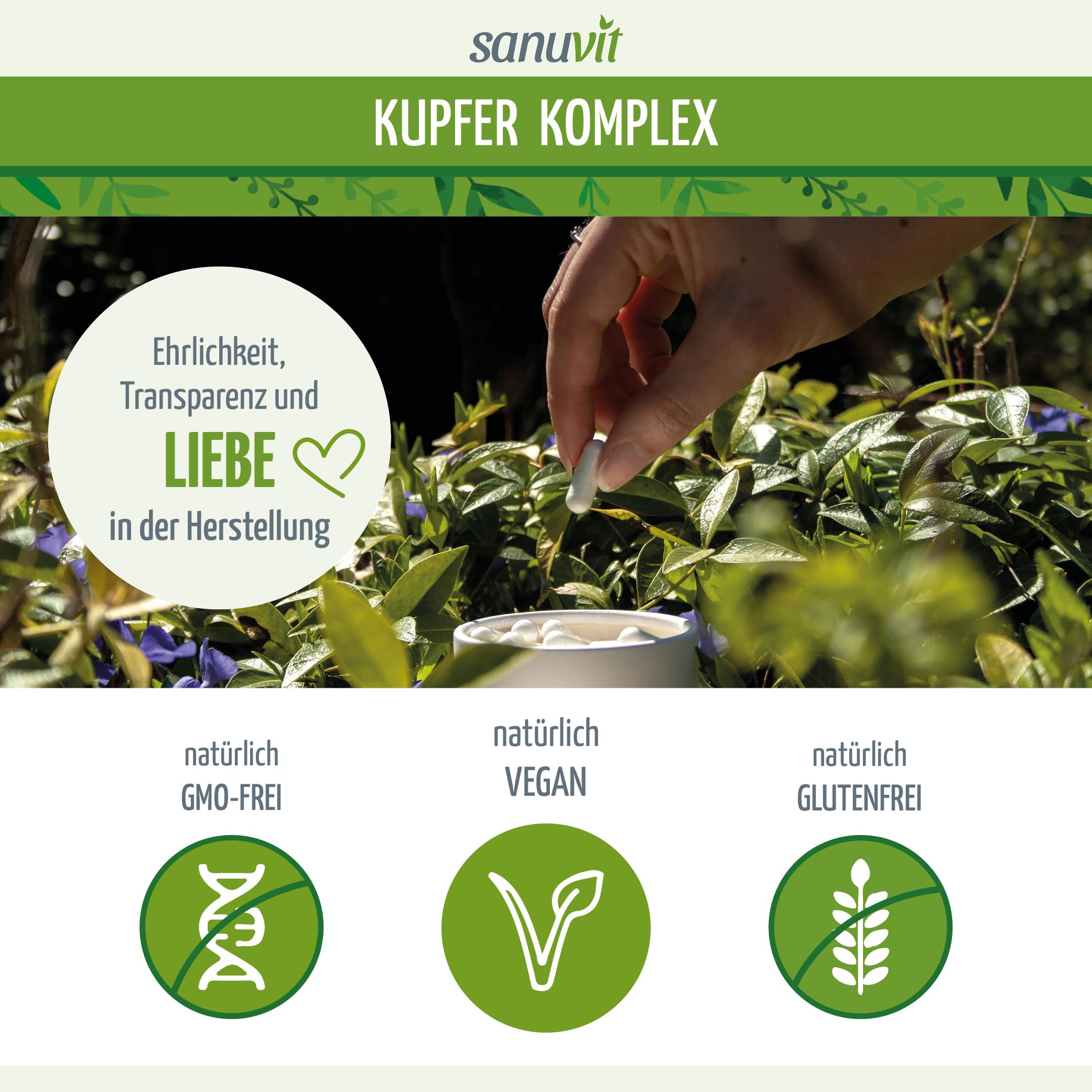 Sanuvit® - Kupfer Komplex 3 mg | 180 Kapseln | Komplex aus 3 Kupferverbindungen | Kupfercitrat, Kupfergluconat & Kupferbisglycinat | Verbesserte Bioverfügbarkeit | Vegan | Qualität aus Österreich