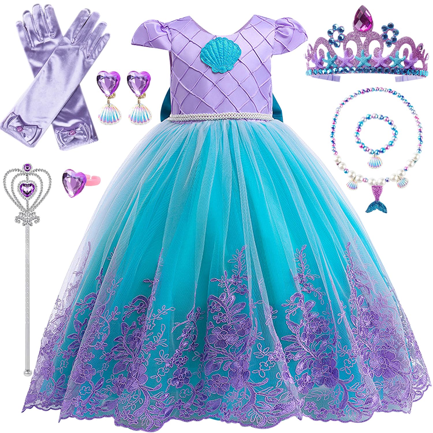 EMIN Kinderen Zeemeermin Prinses Jurk met Accessoires Pruik Meisje Ariel Prinses Kostuum Verjaardag Feest Kerstmis Halloween Carnaval Maskerade