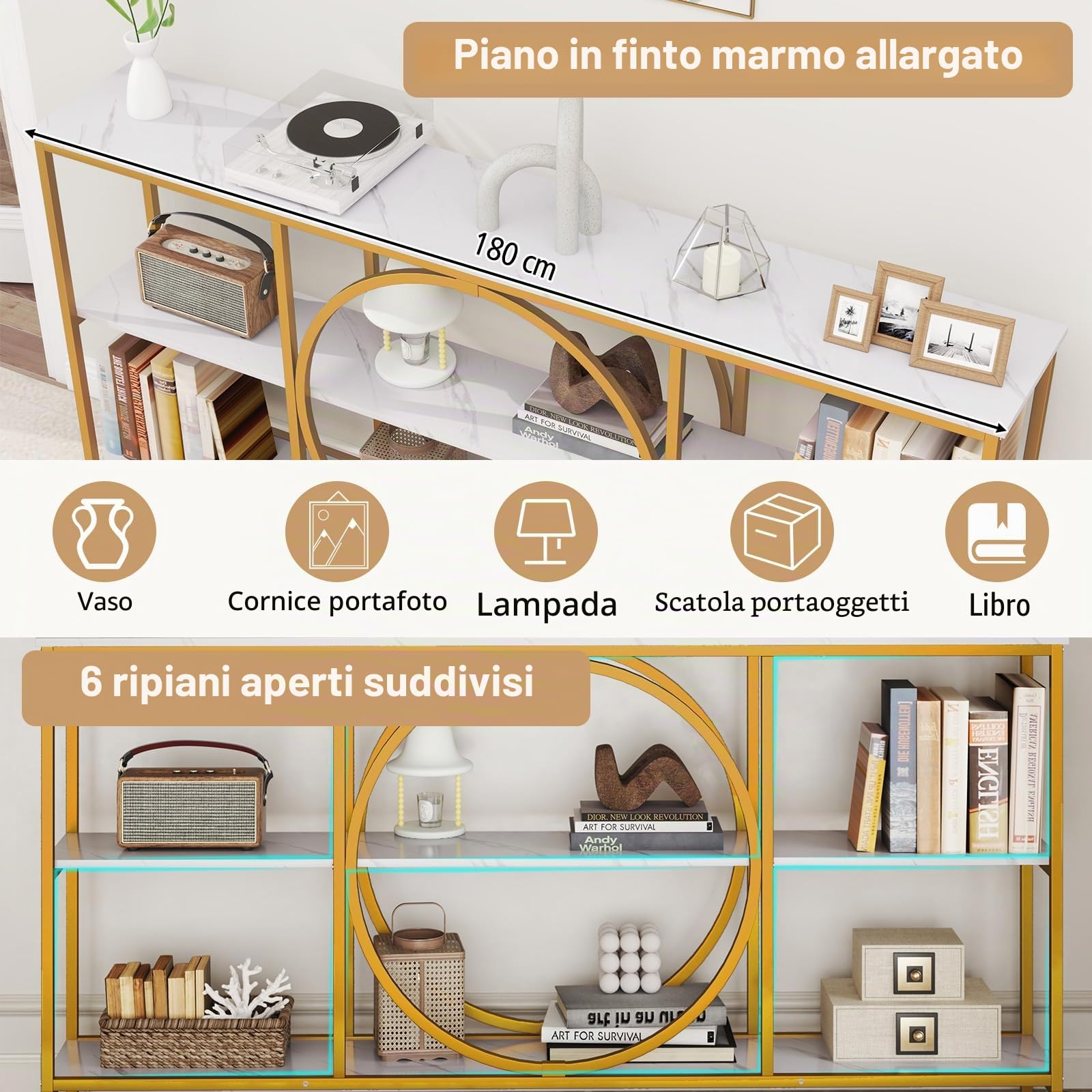 GIANTEX Tavolo consolle in marmo oro, tavolo d'ingresso, 180 x 30 x 90 cm, grande, tavolo da corridoio a 3 livelli con struttura in metallo, tavolino sottile, tavolino da divano, tavolo da soggiorno