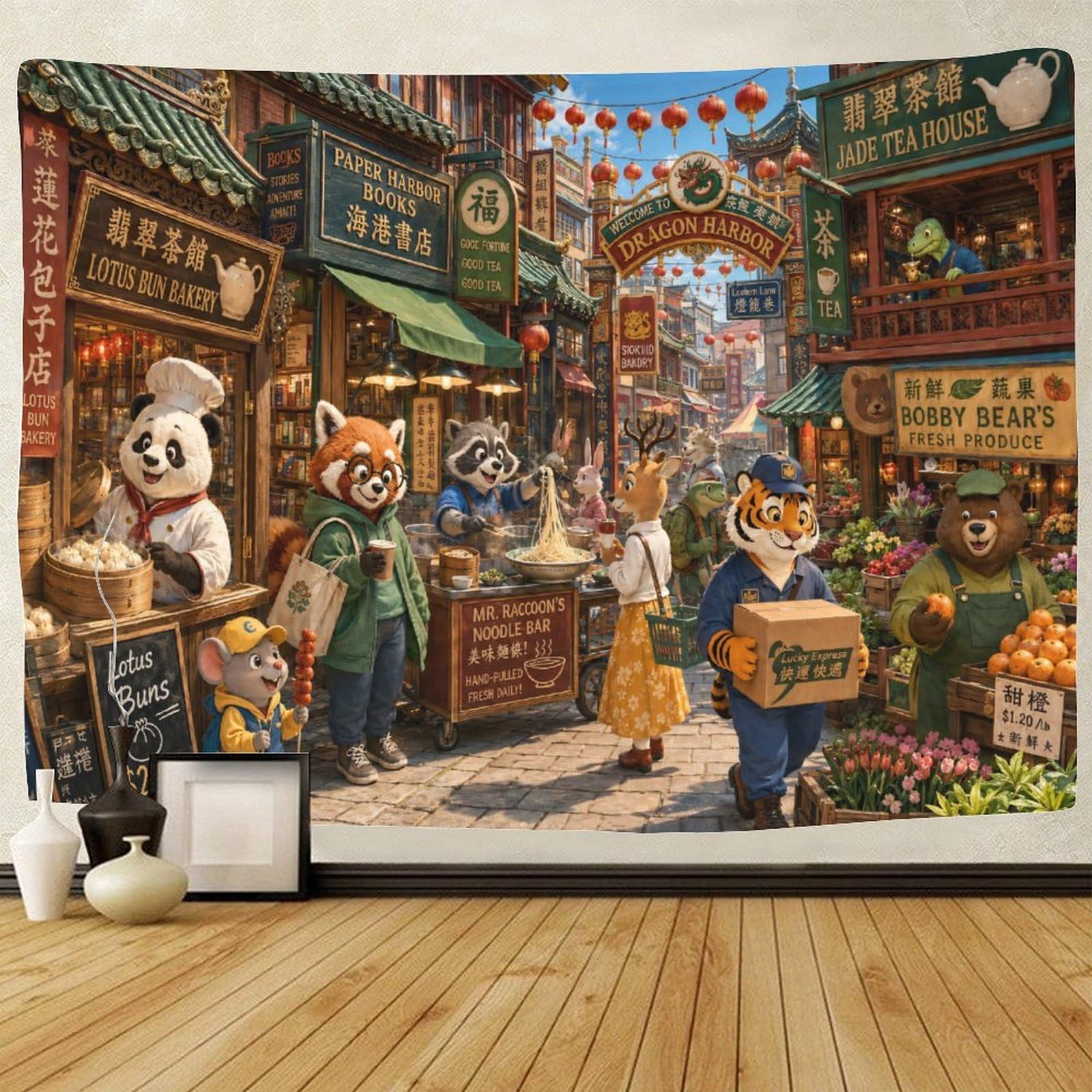GPMNBCXZK Vintage Chinatown Street Wall Hanging Decor Wall Tapestry 3D Print Tapestries Poster Curtain Living Room Dorm 180cmx230cm