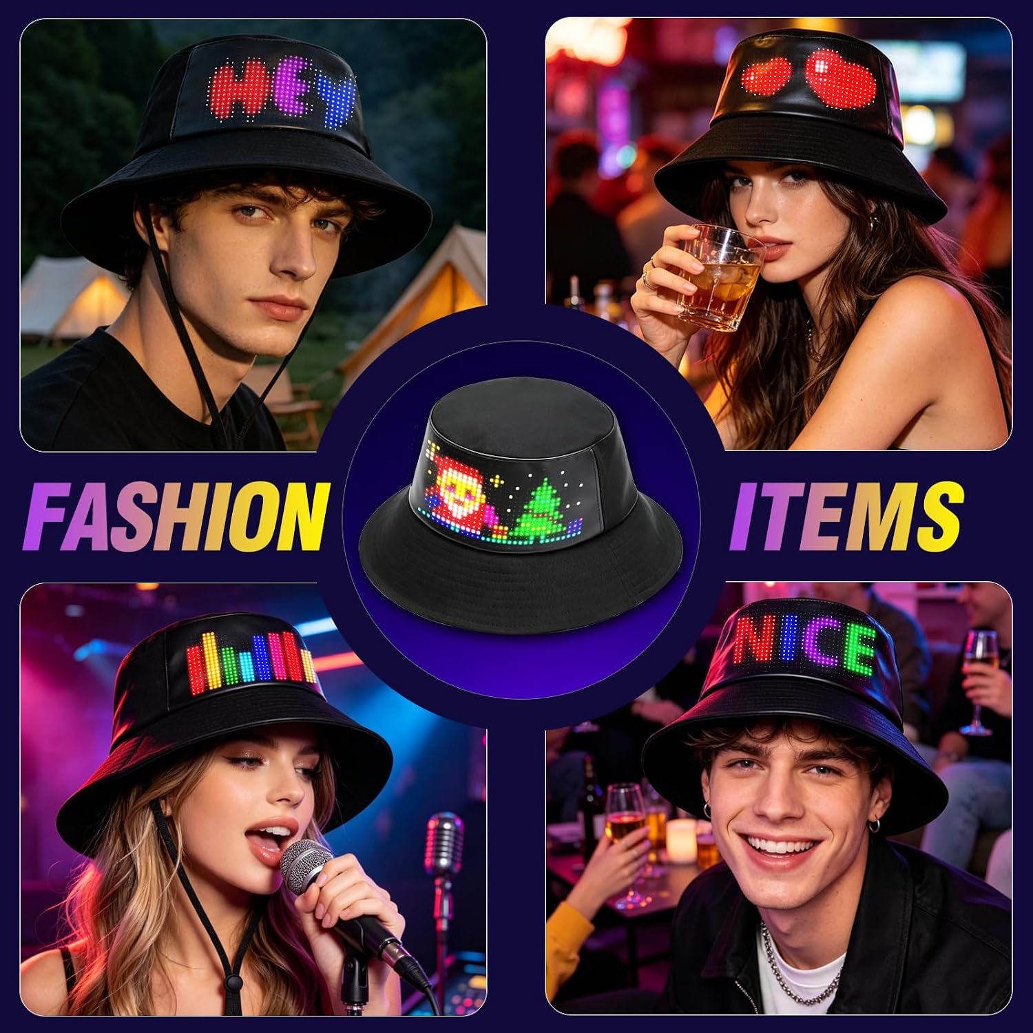 Programmable LED Bucket Hat, Fisherman LED Cap Black