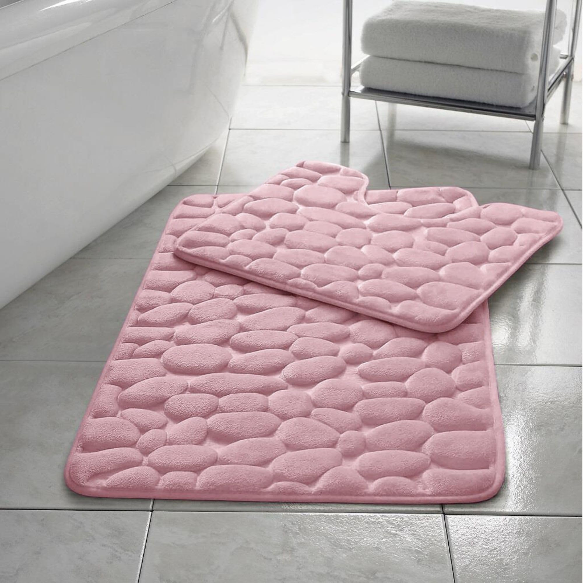 HomeSpace Direct Pebbles Non- Slip Memory Foam Bath Mat/Toilet Mat Set Pink