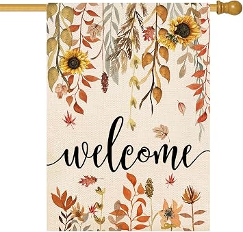 ORTIGIA Welcome Fall Maple Leaves Garden Flag Blurap Vertical Double Sided 28x40inch Autumn Sunflowers Small Garden Flag for Outside Fall Thanksgiving Farmhouse Seasonal Holiday Yard Decor