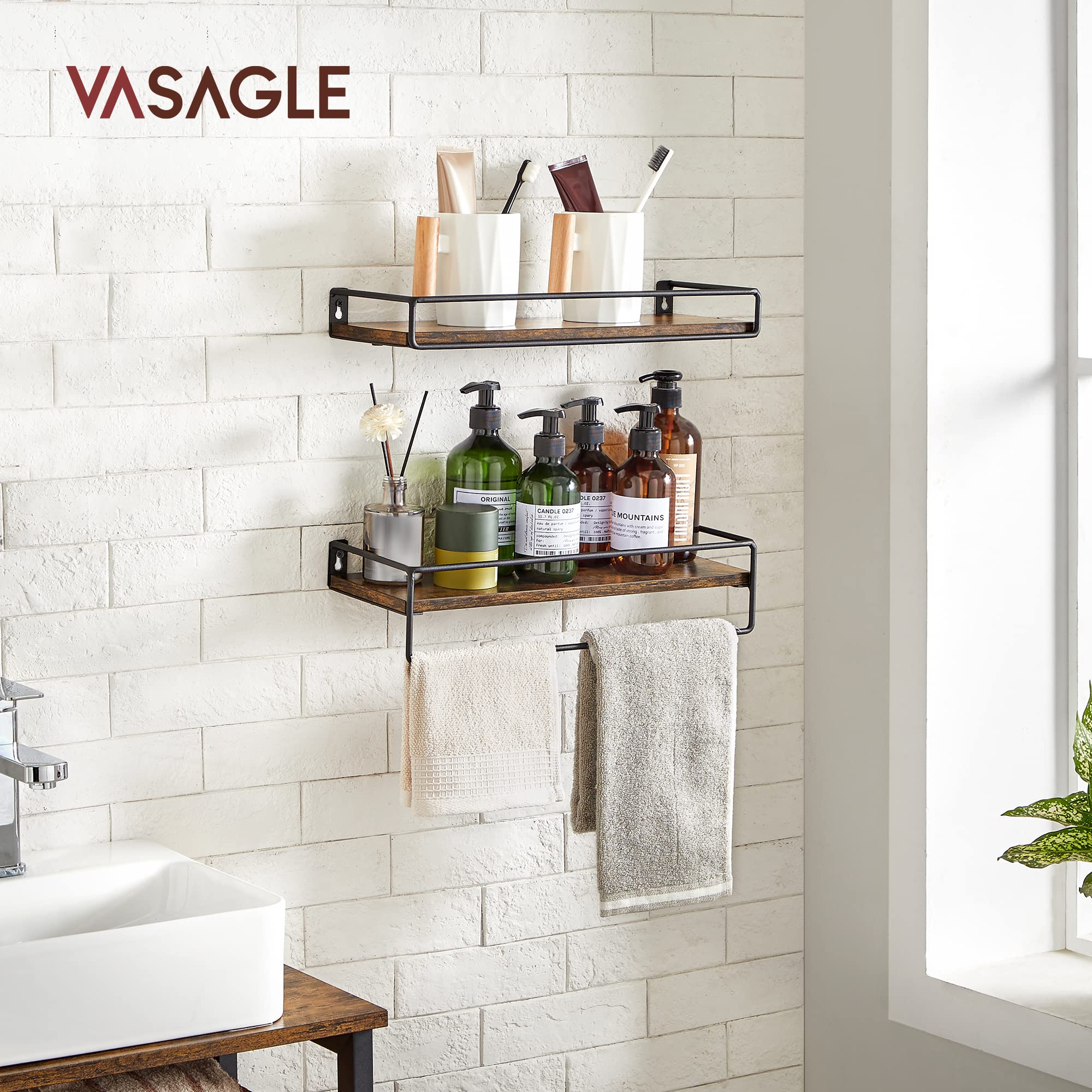 VASAGLE Estanteria Pared, Juego de 2, Baldas Flotantes Pared con Barra