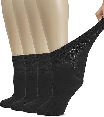 Hugh Ugoli Womens Cotton Diabetic Ankle Socks, Wide, Thin, Loose Fit and Stretchy, Seamless Toe, Non Binding Top, 4 Pairs