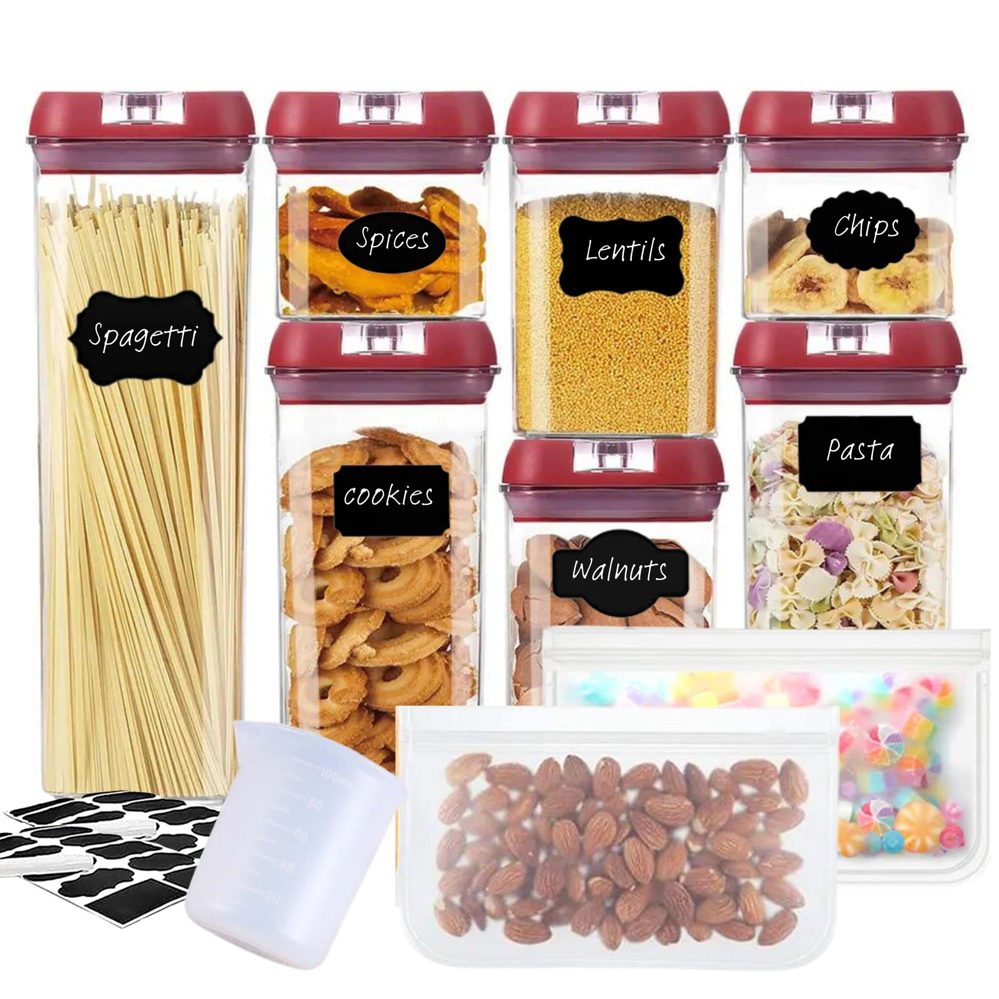SEVENDOT7 Airtight Food storage container set 7 pc leakproof sealed lids for kitchen organizer BPA-free plastic organizers for pantry to store with measuring cup, label, pen, food storage bags.