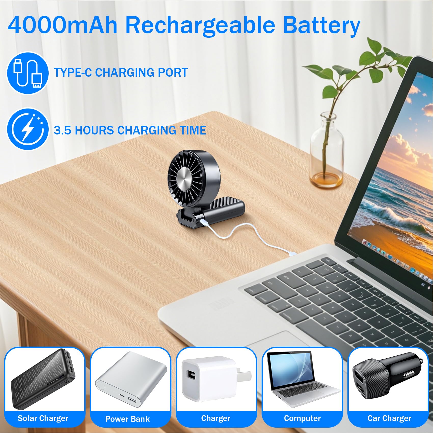 Feebee Ventilateur Portable, Mini Ventilateur à Main USB Petit Ven-tilateur de Rechargeable de Poche 5 Vitesse 4000mAh Extérieur Batterie Hand Fan pour Bureau,Voyages,Maquillage,Camping(Noir)