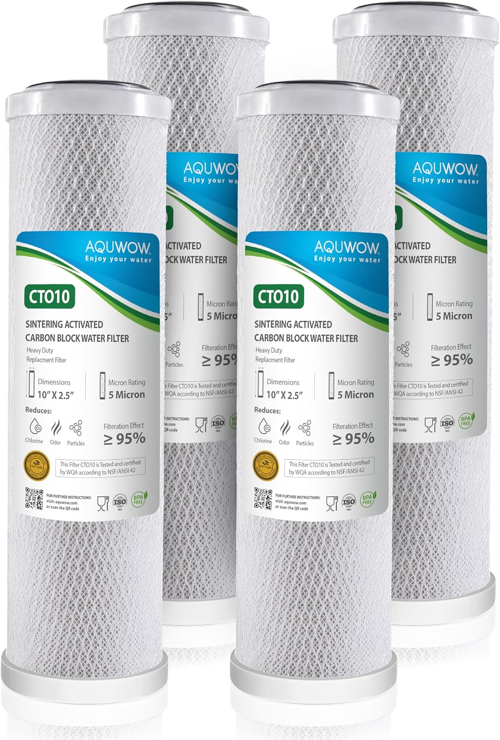 CTO10 5 Micron 2.5" x 10" Carbon Block Water Filter Set – Replacement Cartridges for Whole House and Under Sink Systems, Universal Standard Size (4, 10 x 2.5)