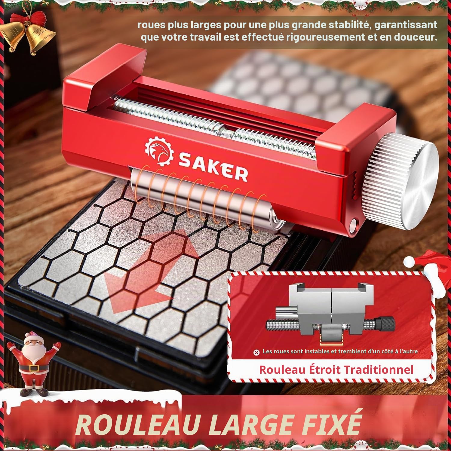 Saker Gabarit d'affûtage pour ciseaux, guide en bois avec pierre à aiguiser - Kit d'affûtage excentré rouge et pierre diamantée pour couteaux, ciseaux et rabots