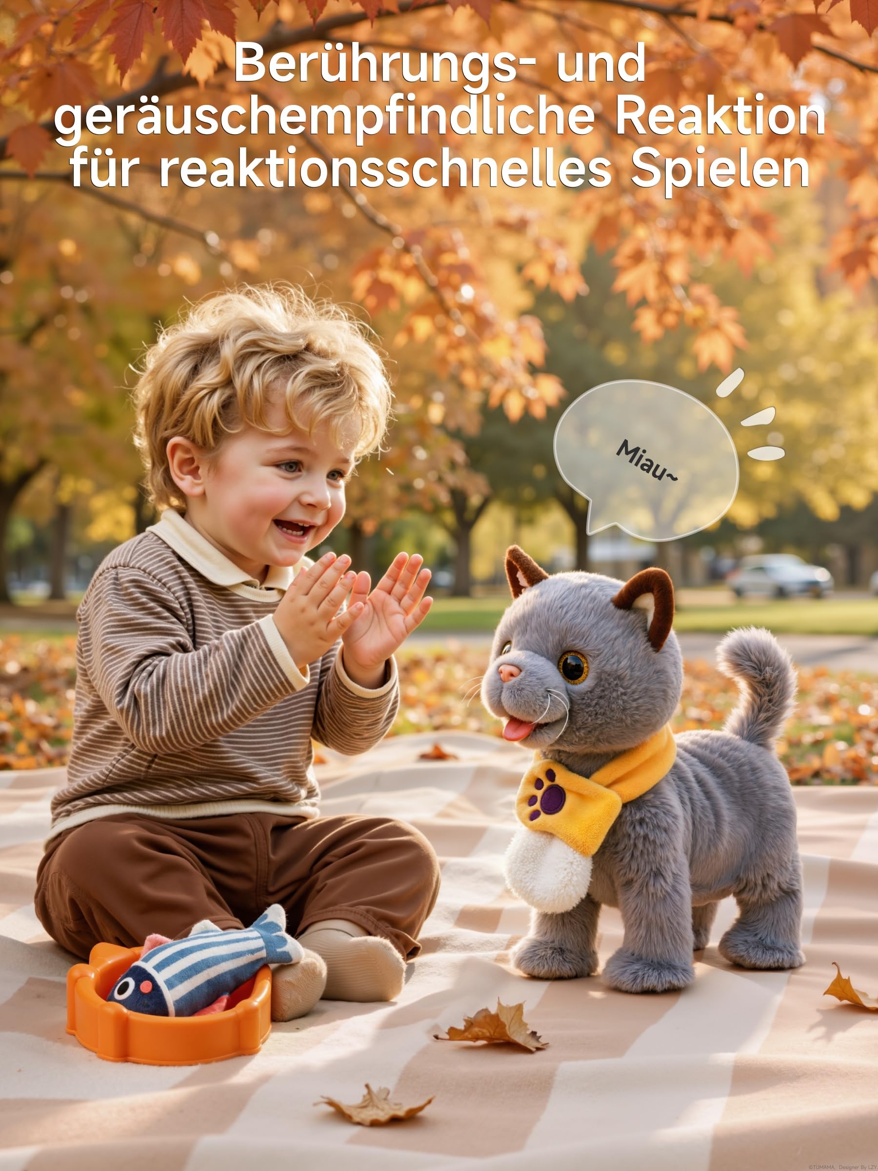 TUMAMA KIDS Interaktives Katze Spielzeug für Kinder Mit 6 Musik, Kuscheltier Kittens Mit Fernbedienung Leine Der Läuft Und Bellt, Plüschtier Elektronisches Kätzchen ab 2 - Gehen, Miaut, Schwanz Wedeln