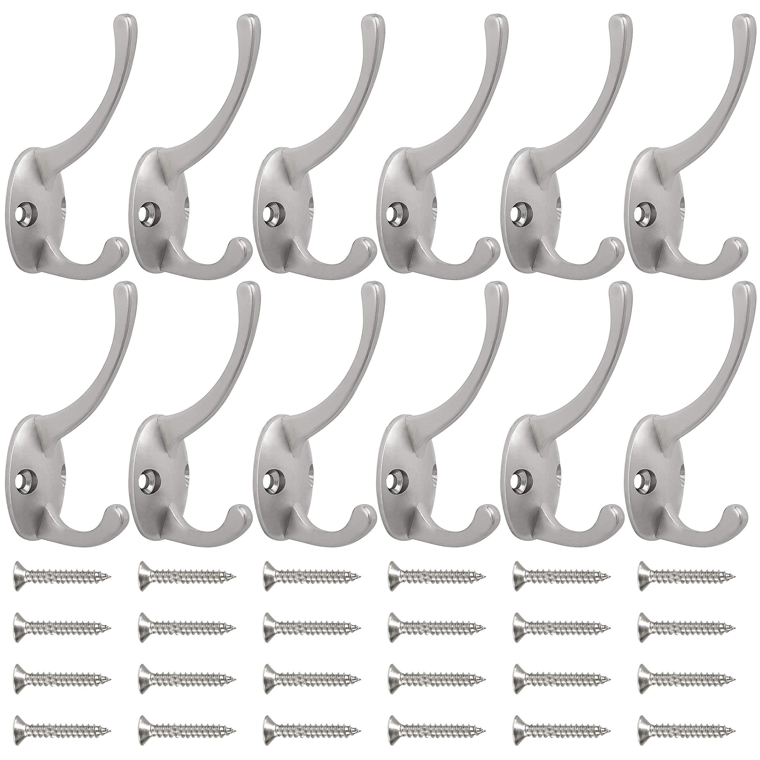 IBosins 12 Pack Silver Coat Hooks Wall Mounted with 24 Screws Retro Double Hooks Utility Silver Hooks for Coat, Scarf, Bag, Towel, Key, Cap, Cup, Hat