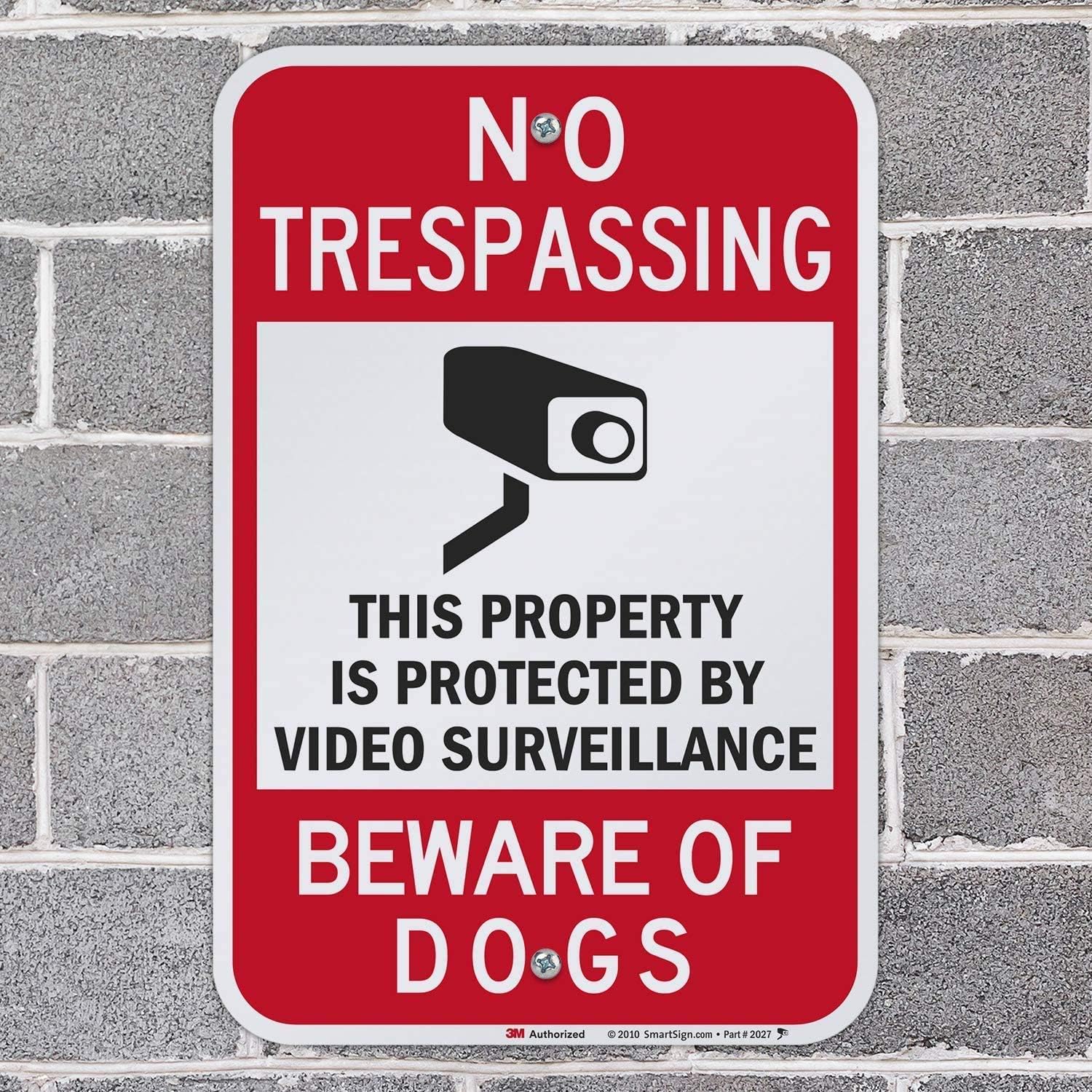 SmartSign-T1-1095-EG "No Trespassing - Property Protected By Video Surveillance, Beware Of Dogs" Sign | 12" x 18" 3M Engineer Grade Reflective Aluminum , Black/Red on White