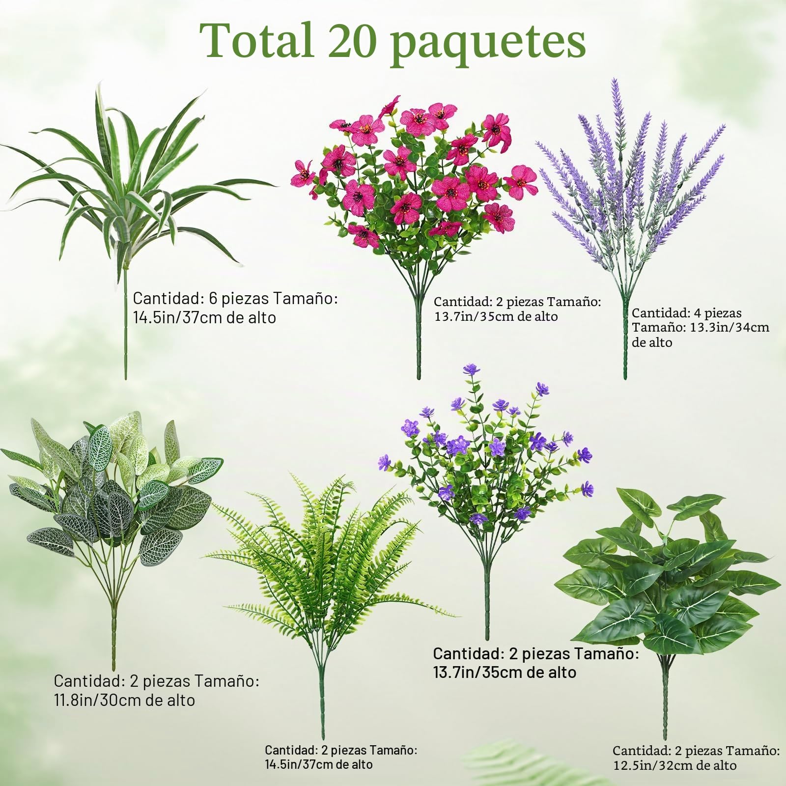 20 Piezas Plantas Artificiales para Exteriores Flores Artificiales Resistentes a Los Rayos UV Arbustos Verdes Lavanda Falsa Helecho Boston Planta de Plástico para Exteriore Jardín Porche Maceta