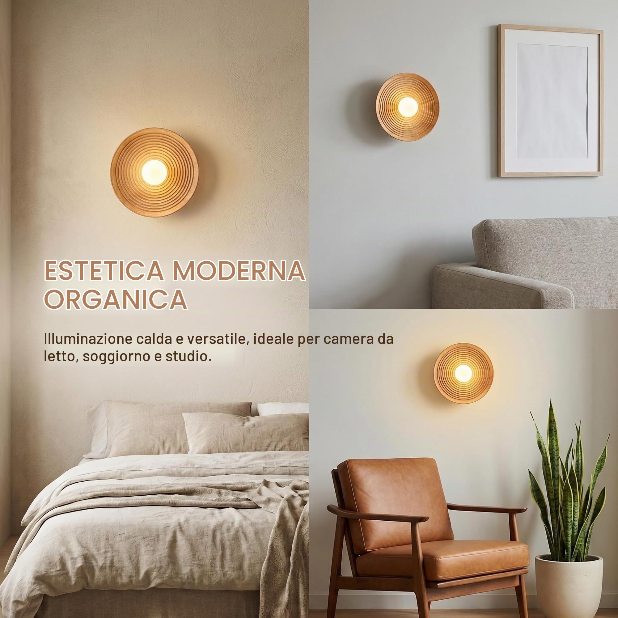 BARCELONA LED Applique da Parete in Legno Rotonda Ø28cm con Sfera in Vetro Bianco G9, Lampada da Muro Stile Nordico Japandi Vintage Industriale, per Camera Salotto Ufficio Scala Ristorante Bar
