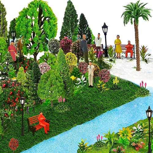 Model Scenery Kit, Painted Figures, Model Train Scenery, 47pcs, Miniature Trees, Model Trees, Model Grass Mat for Miniature Scene Landscape