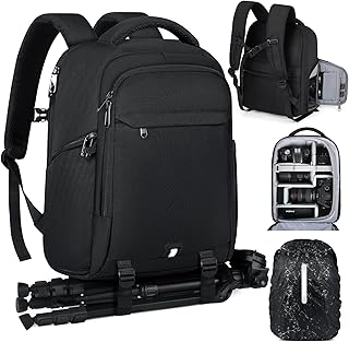 RAINSMORE Mochila para câmaras de fotógrafos mochila fotográfica profissional para portátil de 15,6 polegadas, câmara Bag com capa impermeável para DSLR Canon Nikon Sony, Preto
