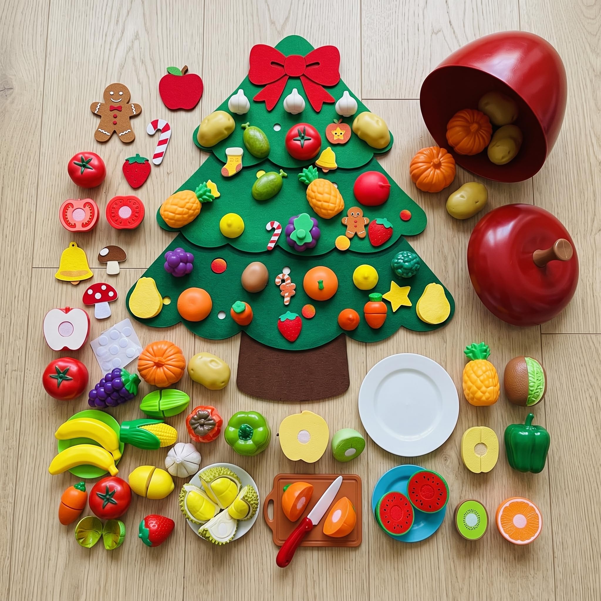 Filz Busyboard für s und, Pädagogisches Lernspielzeug und tafel, mit Obstmotiv, Grüner großer Weihnachtsbaum + 32 Apfel-Eimer-Schneidespielzeuge, 75 * 60 cm