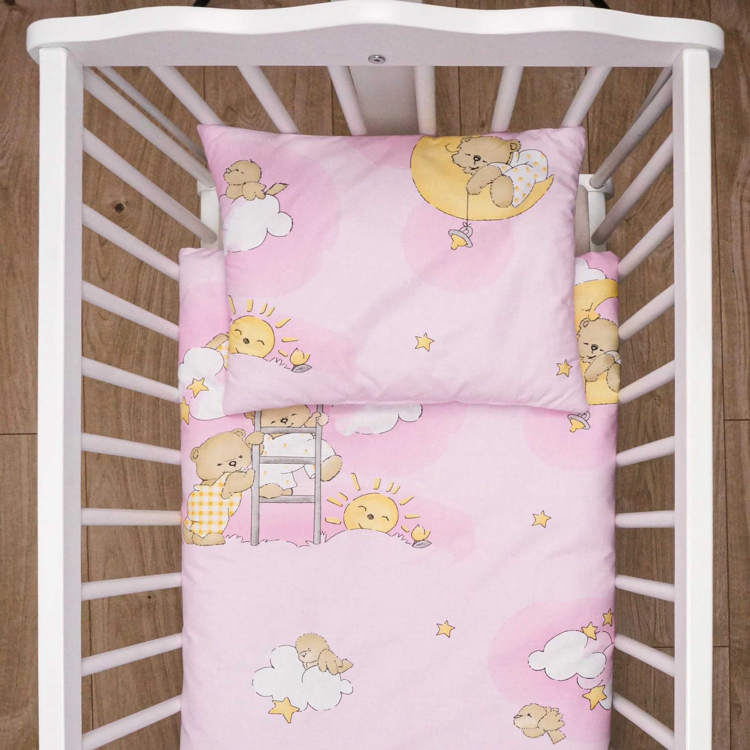 Baby Comfort 4 Piece Duvet Pillow Duvet Cover Pillowcase 80x70 cm Bedding Set 12M+ (Ladders Pink)