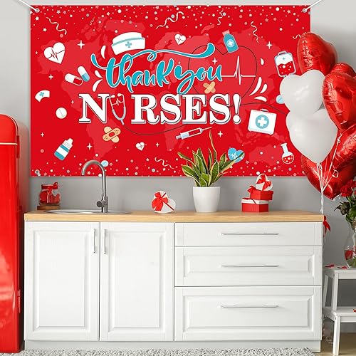 Miniatura 6 de Decoración de telón de fondo con texto en inglés "Thank You Nurs", tela grande 2025, Día Nacional de la Enfermera, fondo de cabina de fotos para