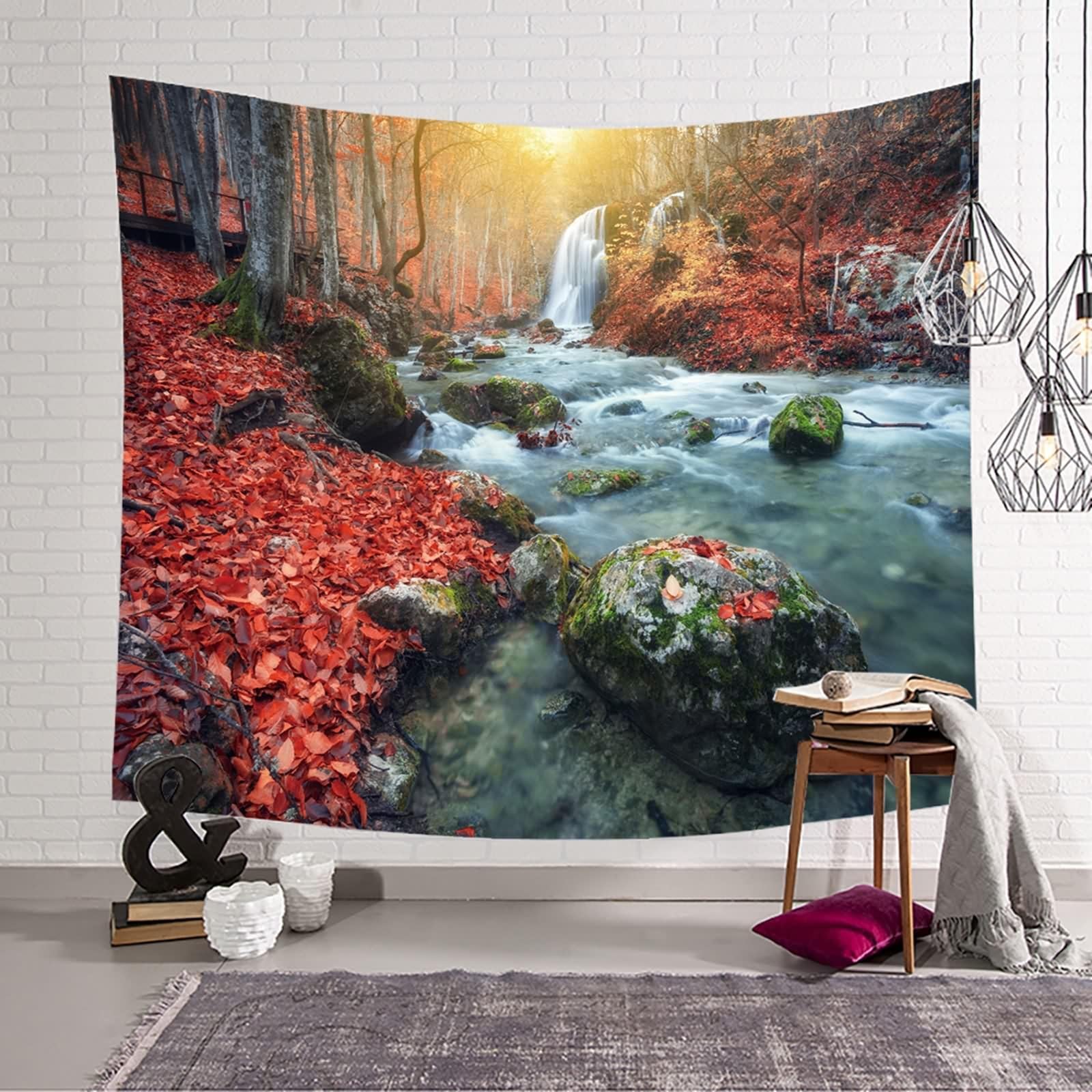 Skcess Wandteppich Rot Braun Weiß, Polyester Tapestrie Herbstthema Wald Und Flüsse Tapisserie für Wohnzimmer Schlafzimmer Wanddeko Wandteppich 350x256CM