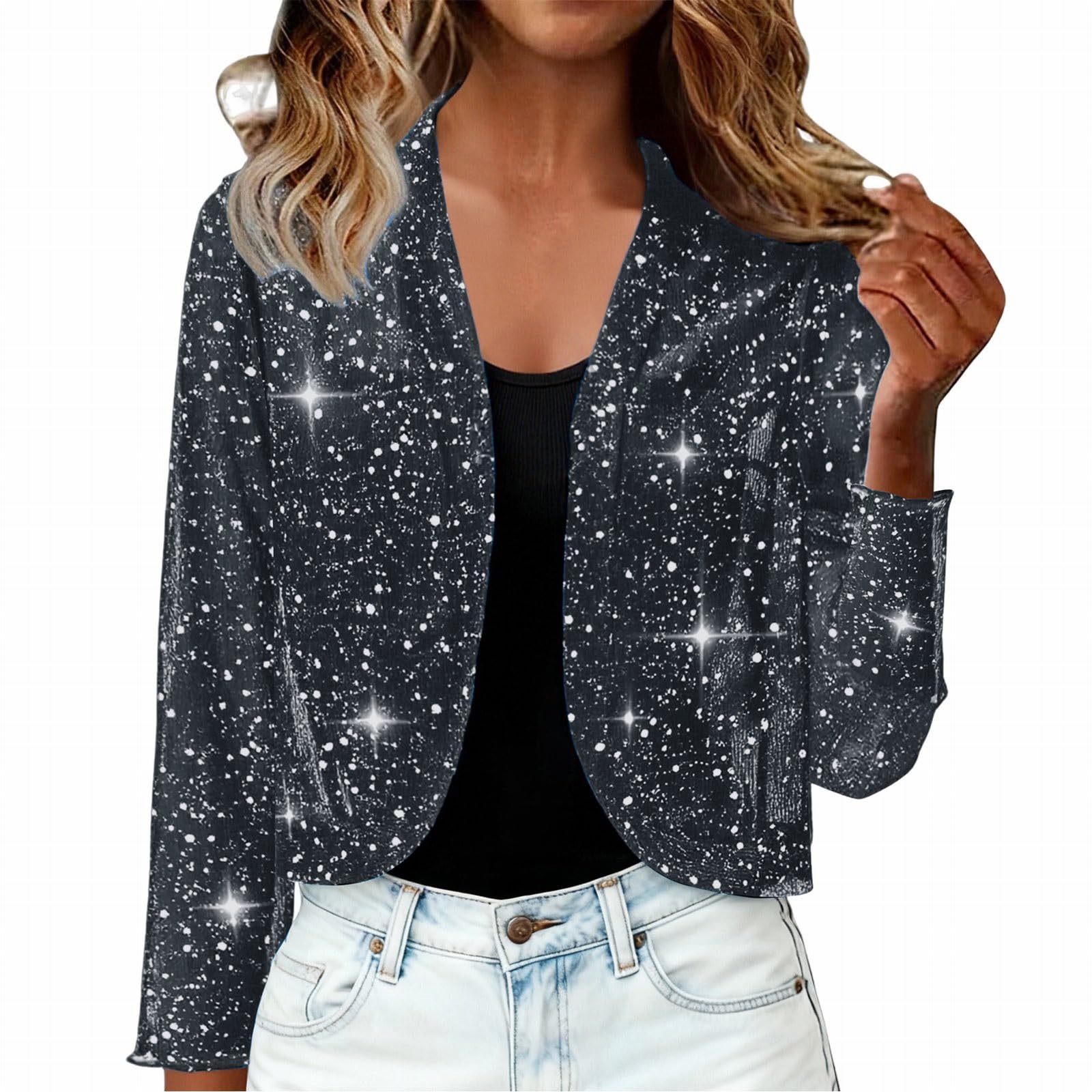 Womens Sequin Jacket Sparkly Glitter Open Front Cropped Blazer Lightweight Holiday Dressy Evening Formal Short Tops