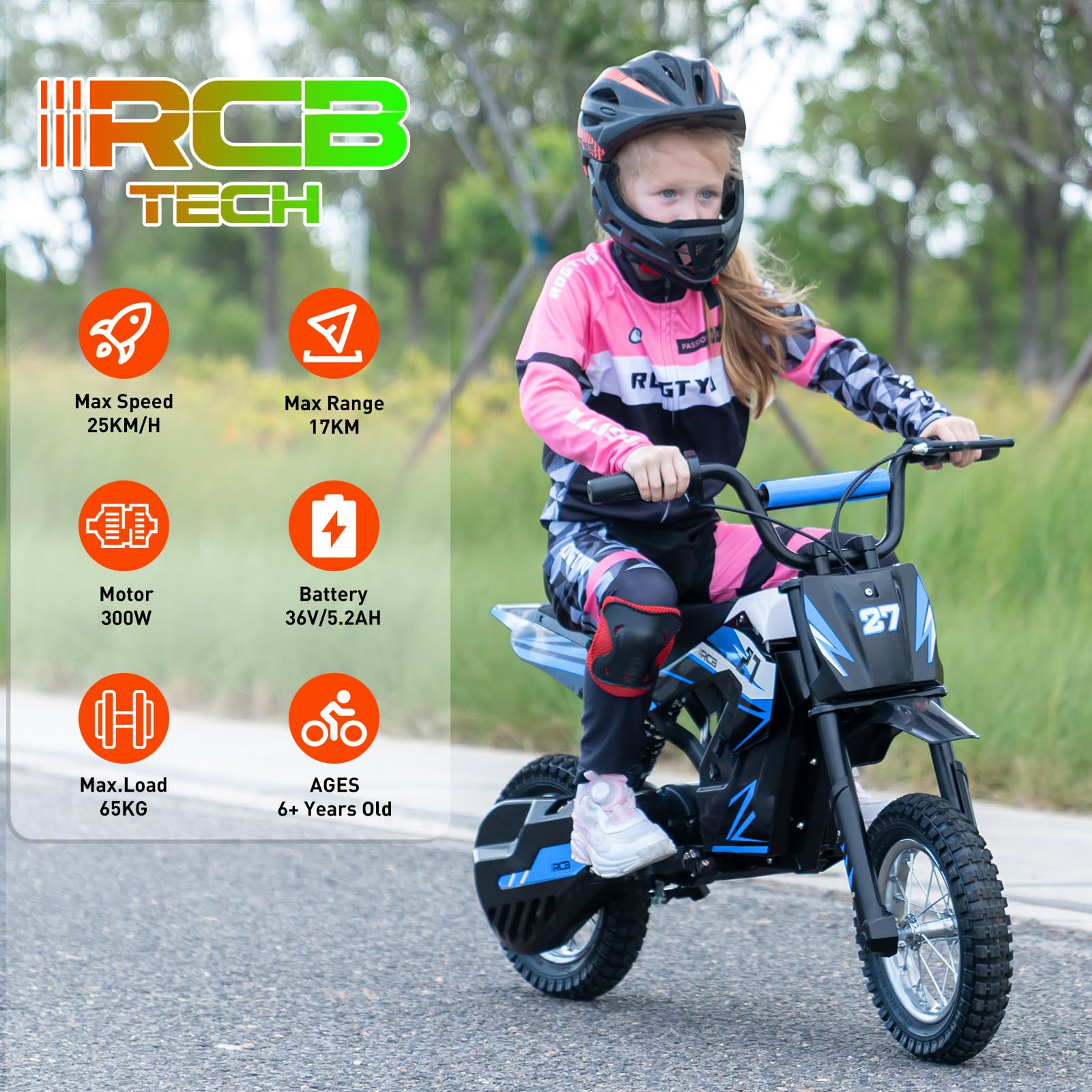 RCB TECH R9X Elektro Motorrad Kinder, Elektromotorrad mit 3 Geschwindigkeitsmodus, Max 25km/h, 36V/5,2Ah Akku, Reichweite 17KM, 12 Zoll Luftreifen, Moto Crossbike für Kinder （blau）