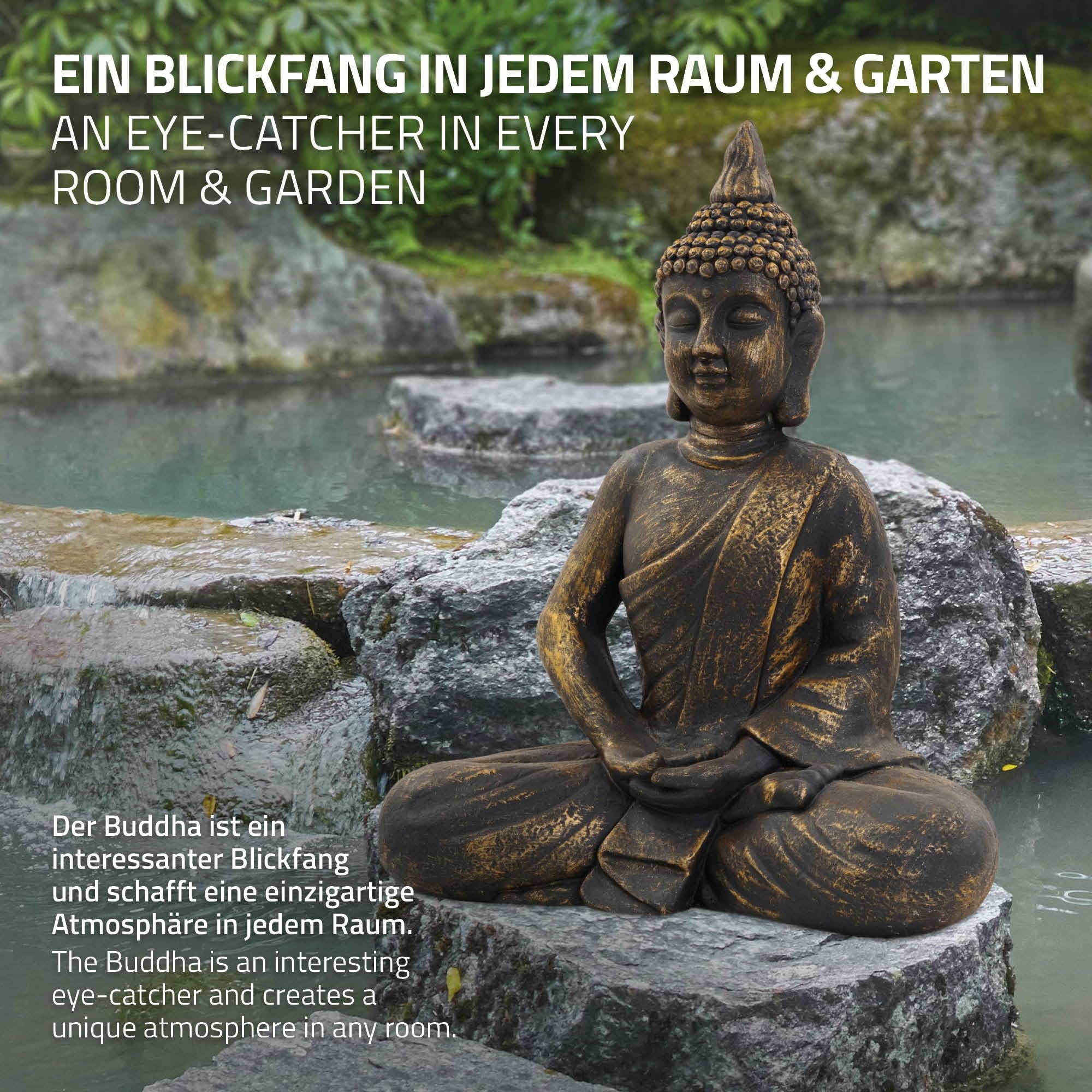 ECD Germany Figura Buddha Seduto 63 cm Poliresina Resistente Intemperie Bronzo Feng Shui Statua Zen Decorazione Giardino